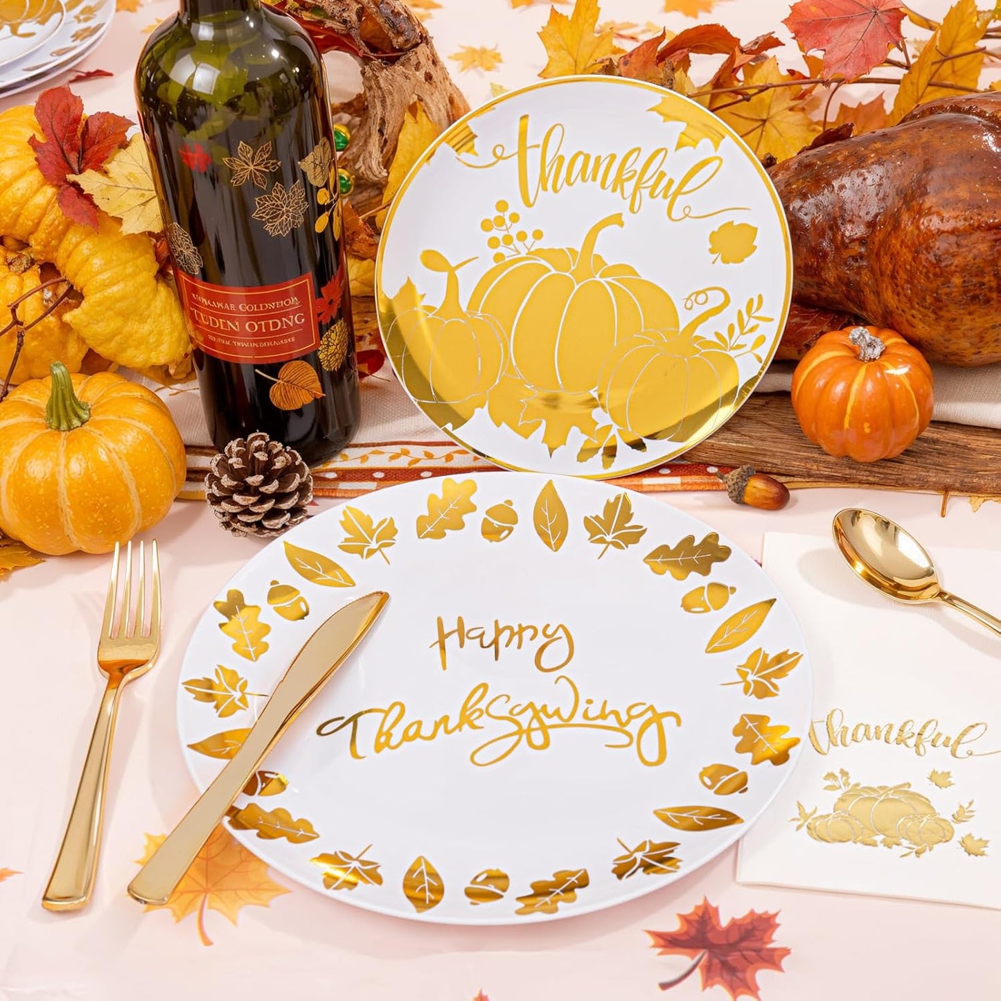 Festiva 176Pcs Thanksgiving Plastic Plates - Heavy Duty Thanksgiving Plates - Thanksgiving Disposable Dinnerware Set include 50 Plates,75 Silverware, 25 Cups, 25 Pumpkins Napkins, 1Tablecloth