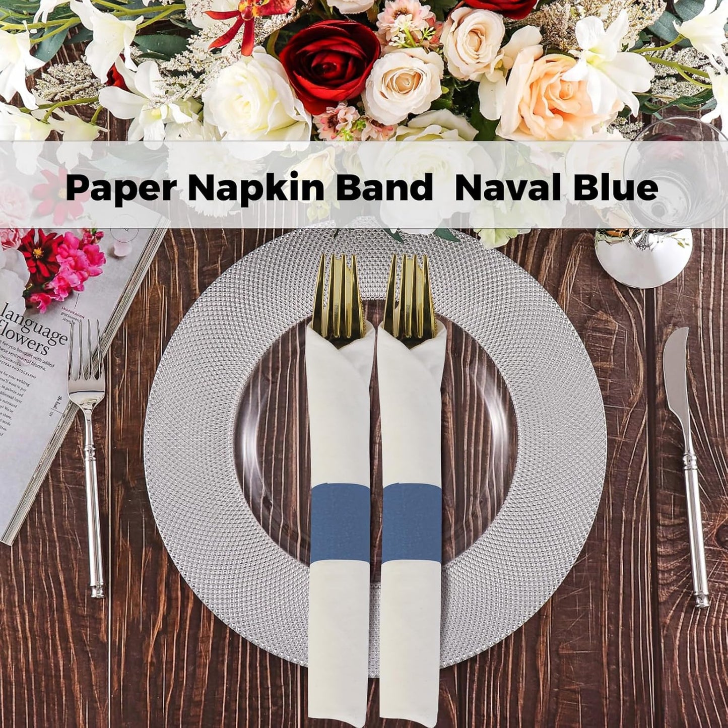 Germiwipe Paper Napkin Band Box of 500,Napkin Rings Self Adhesive,Silverware Wraps Bands (Navy Blue-500 pcs)