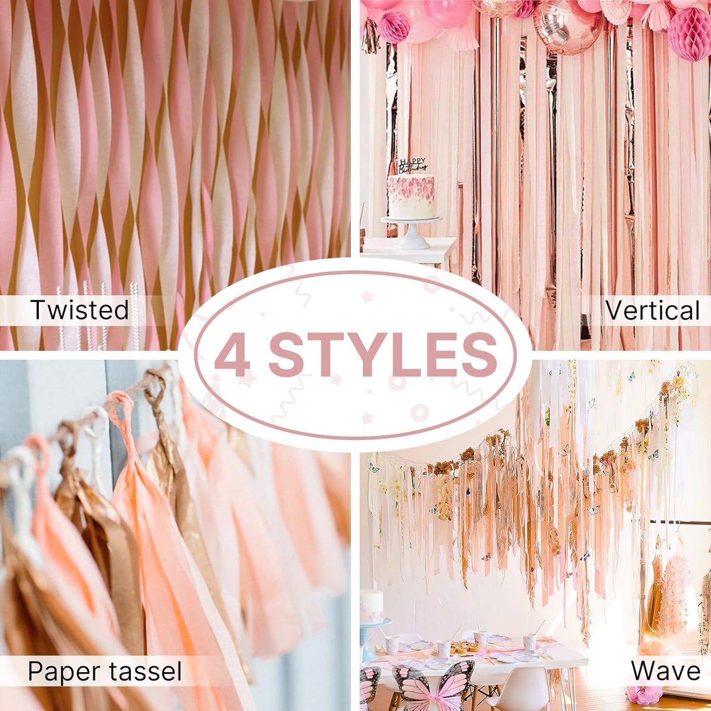 PartyWoo Rose Gold Crepe Paper Streamers 4 Rolls 328 ft Pack of Metallic Rose Gold Pink Dusty Pink Crepe Paper for Bride to Be Bachelorette Birthday Party Decorations (1.8 Inch x 82 Ft/Roll)