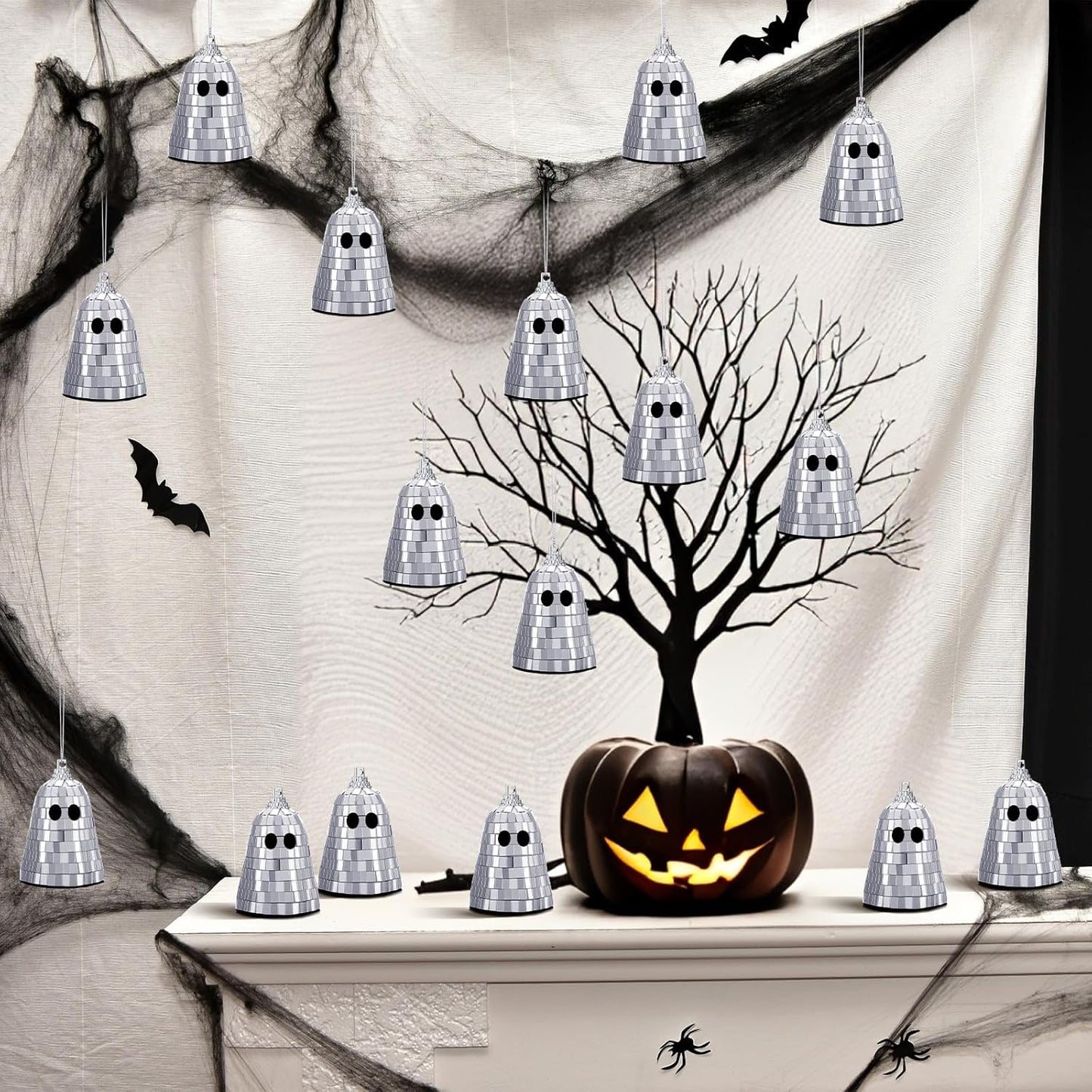 24 Pcs Halloween Disco Ghosts Decor Halloween Ornament Silver Mirror Disco Skeleton Tabletop Centerpiece for Holiday Cosplay Home Props Gift Party Decorations (Sliver)