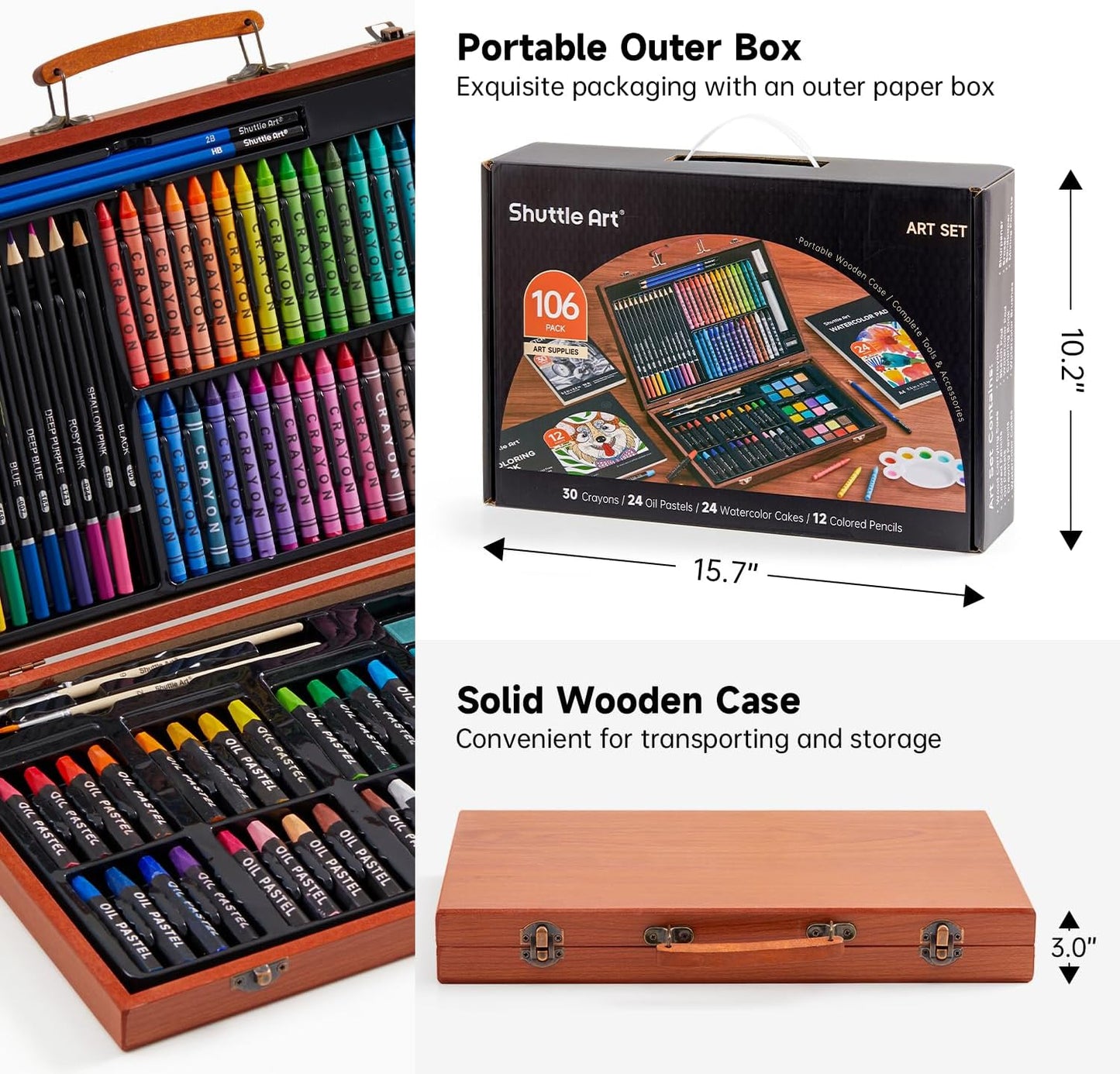 Shuttle Art 106 Piece Deluxe Art Set, Art Supplies in Wooden Case, Painting Drawing Art Kit with Crayons Colored Pencils Oil Pastels Watercolor Cakes Coloring Book Sketch Pad for Kids Adults