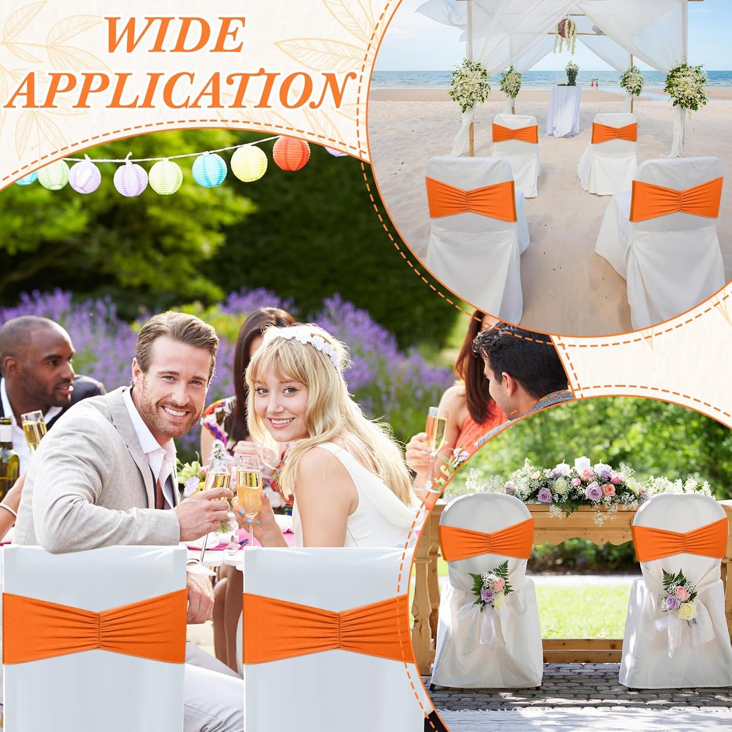Moukeren 100 Pcs Spandex Chair Sashes Bows Bands Slider Sashes for Chair Covers Elastic Bands Ties Ribbon Decorations for Wedding Party Events Ceremony Birthday Banquet(Orange)