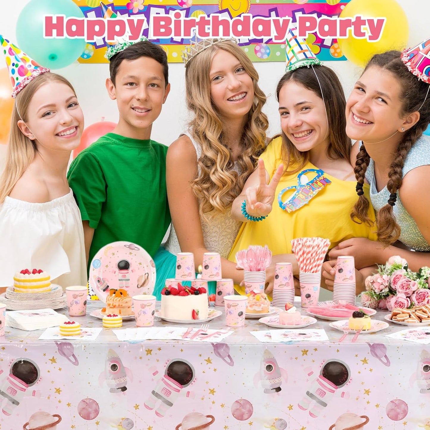 452 Pcs Pink Space Birthday Decorations for 50, Star Astronaut Paper Plates Napkins Cups Moon Tablecloth Cutlery Straws for Solar System Planets Baby Shower Party Supplies Decorations