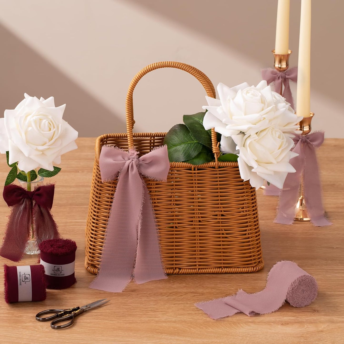 DORIS HOME Burgundy Chiffon Ribbon for Flower Bouquet, 2" x21Yd Fabric Ribbon for Gift Wrapping, Handmade Frayed Ribbon for Wedding, Chiffon Silk Ribbon for Christmas Decorations