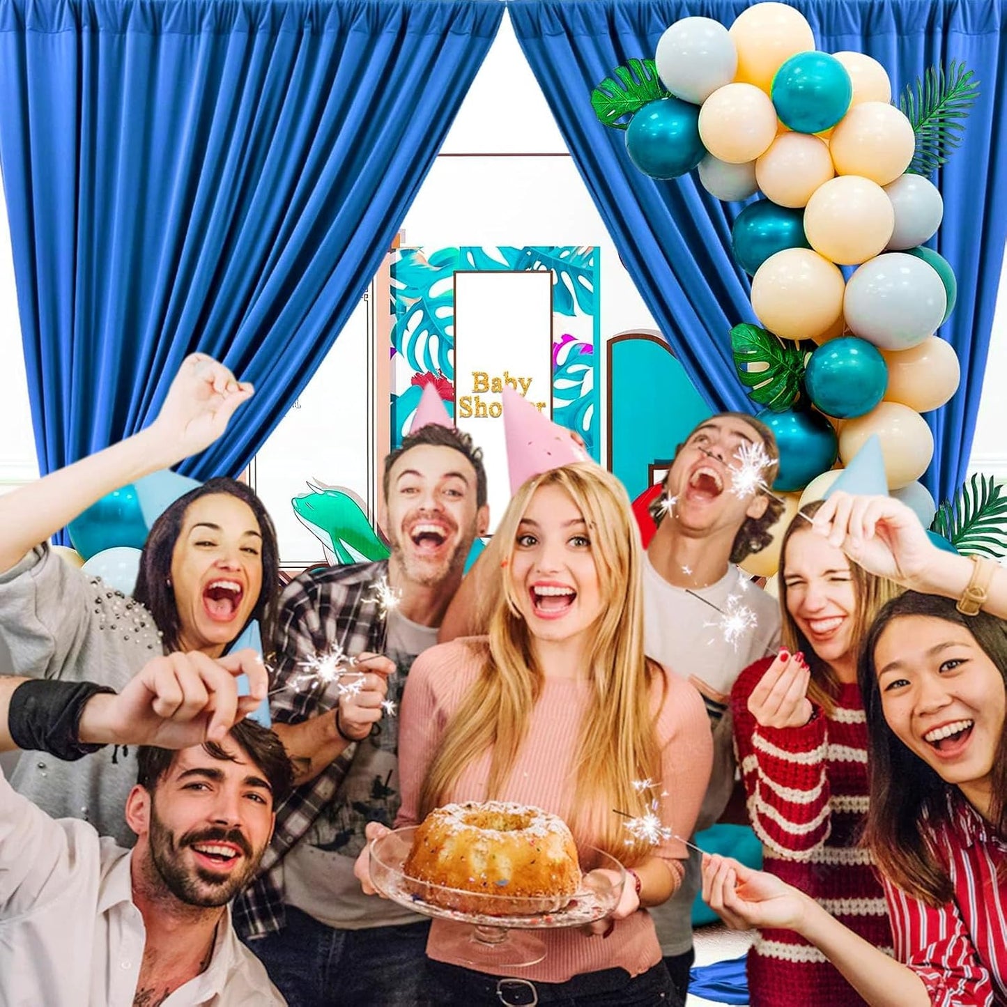 10 x 7 Feet Blue Backdrop Curtain for Partie, Background Curtains for Photoshoot, Birthday, Wedding, Halloween, Thanksgiving, Christmas, New Year Party Decorations 5Ft x 7Ft, 2 Panels