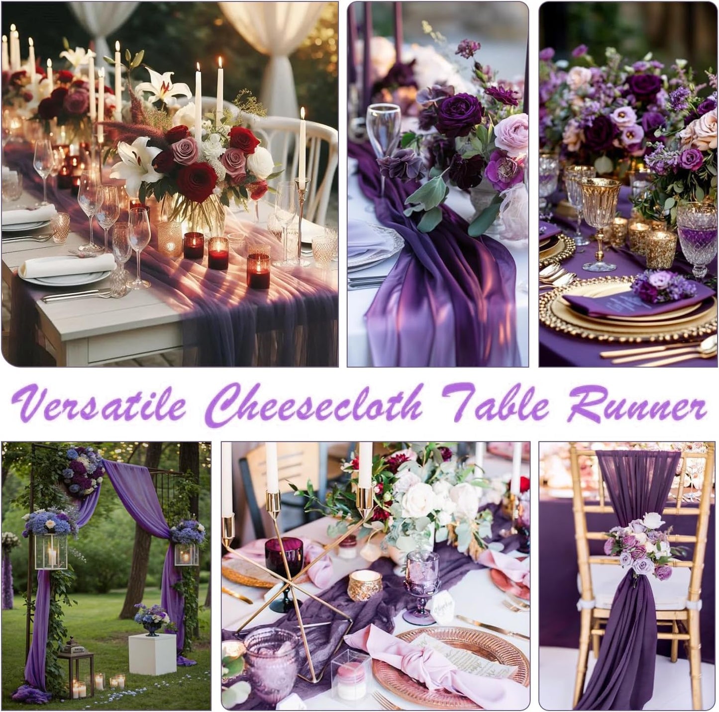 6 Pack Plum Purple Cheesecloth Table Runner 35x120 Inch Boho Gauze Table Runner Rustic Cheese Cloth Long Romantic Table Runners for Wedding Bridal Shower Birthday Party Table Decor