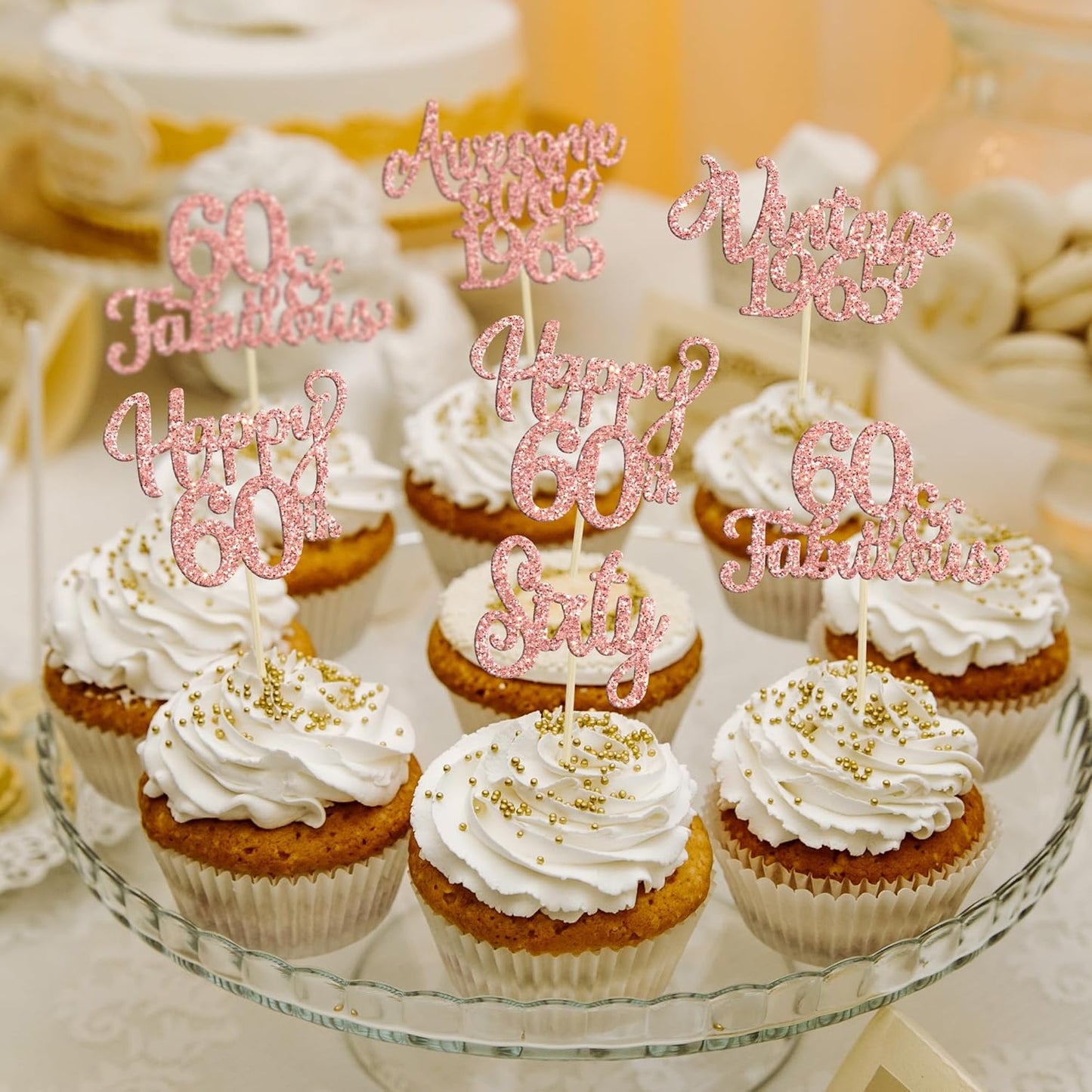 30Pcs Vintage 1965 Cupcake Toppers Glitter Sixty 60 Fabulous Happy 60th Birthday Cupcake Picks Cheers to 60 Years for 60th Birthday Anniversary Party Cake Decorations Supplies Rose Gold