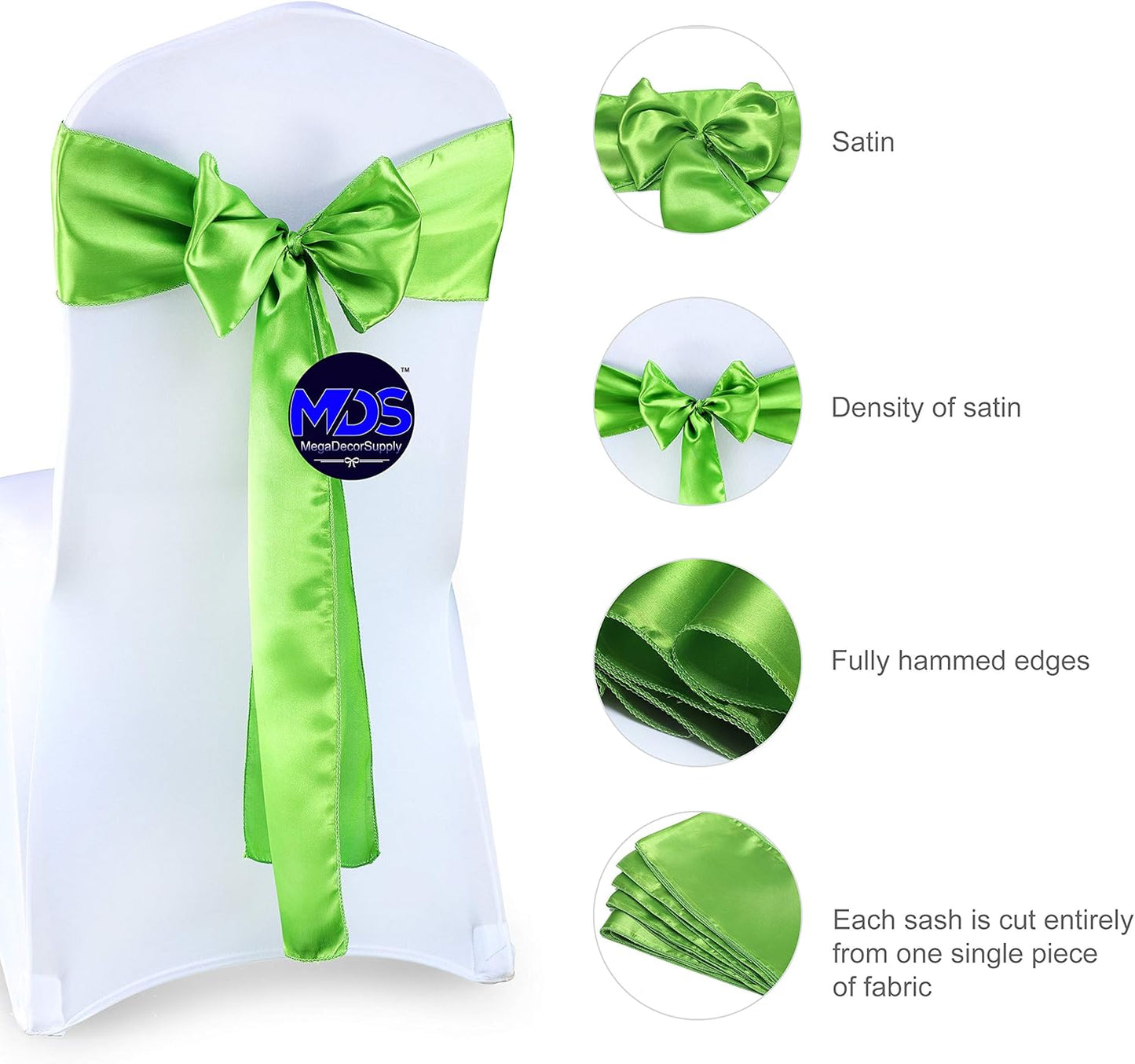 MDS Pack of 150 PCS Satin Chair Sashes Charmeuse Sateen Dining Chair Bows Ribbon Ties Back Sash for Wedding Party Birthday Home Hotel Restaurant Banquet Decoration (7 x 108 Inch, Parrot Green)
