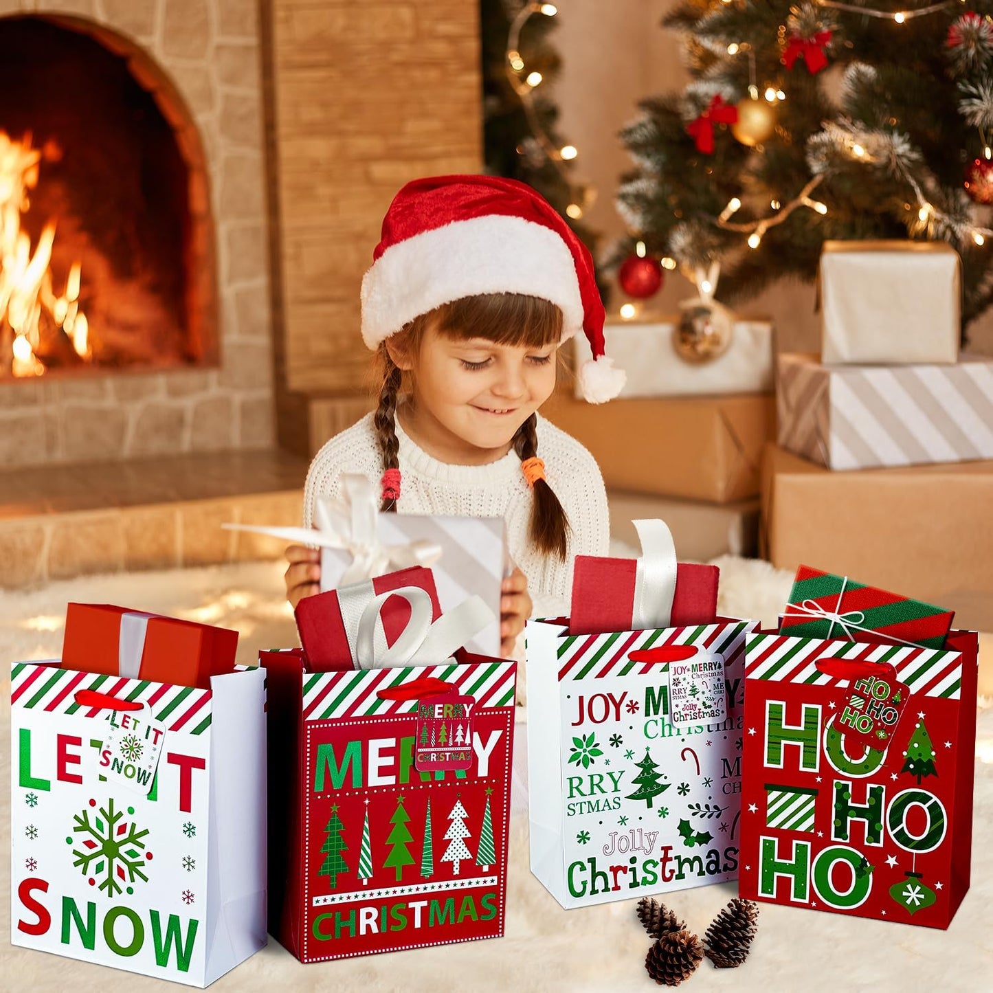 GITMIWS 12 Pack Christmas Paper Gift Bags with Tissue Paper, 9'' Medium Christmas Treat Gift Bags Bulk with handles, Xmas Shopping Tote Goodie Bag for Kids, Xmas Party Favor Decor