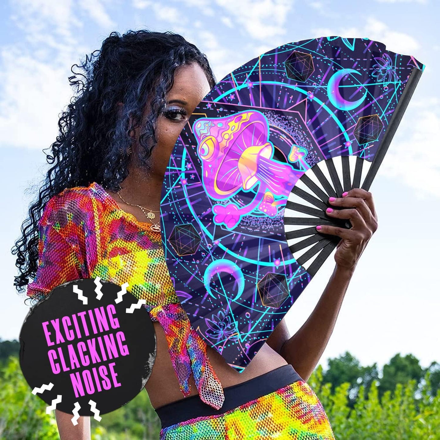 GloFX Rave Fan - UV Mushroom - Large Folding Fan - Music Festival Essential, EDM Rave Accessories, Folding Hand Fan, Clack Fan