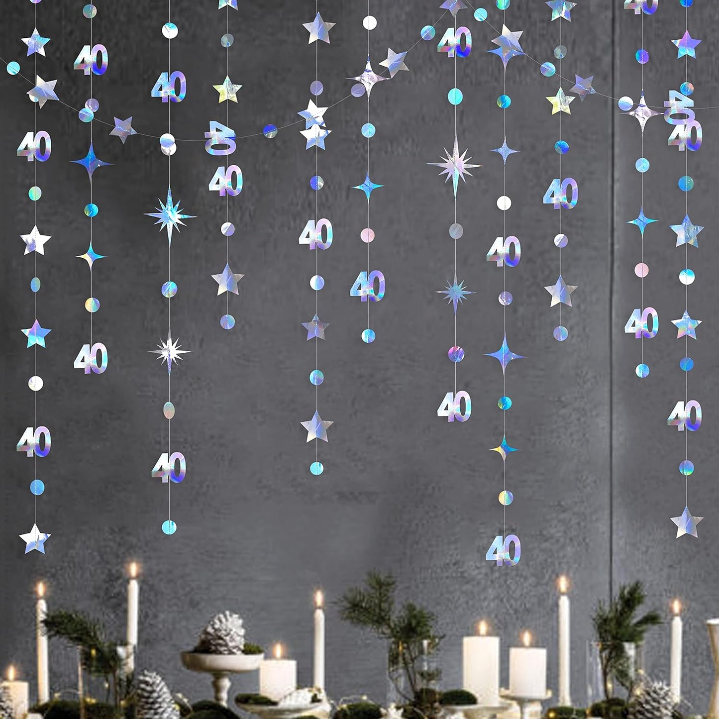 Iridescent 40th Birthday Decorations Number 40 Circle Dot Twinkle Star Garland Metallic Hanging Streamer Bunting Banner Backdrop for Women Mens 40 Year Old Birthday Forty Anniversary Party Supplies