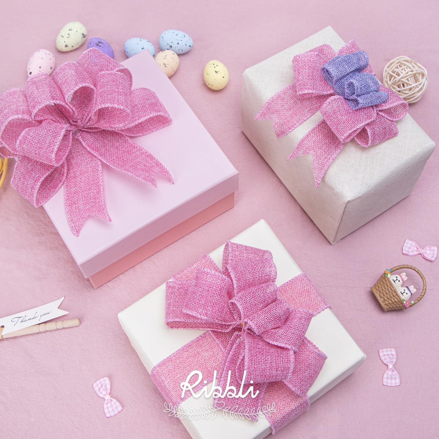 Ribbli Pink Burlap Valentine's Day Wired Ribbon,1-1/2 Inch x 10 Yard,Easter Wired Edge Ribbon for Big Bow,Wreath,Tree Decoration,Outdoor Decoration