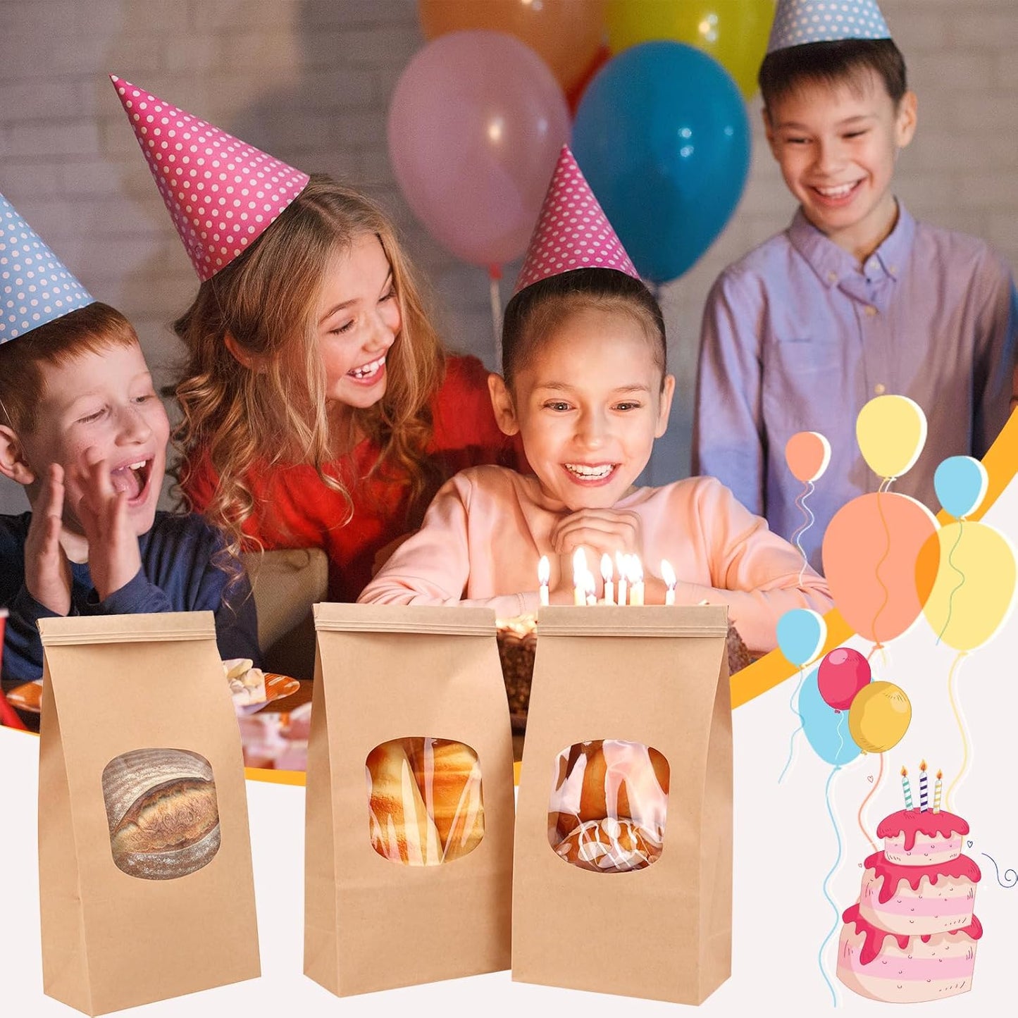 Moretoes 55pcs Medium Bakery Cookie Bags with Window, 4.5x2.36x9.6in Tin Tie Tab Kraft Paper Treat Bags for Cookie Coffee Bread Bakery Packing