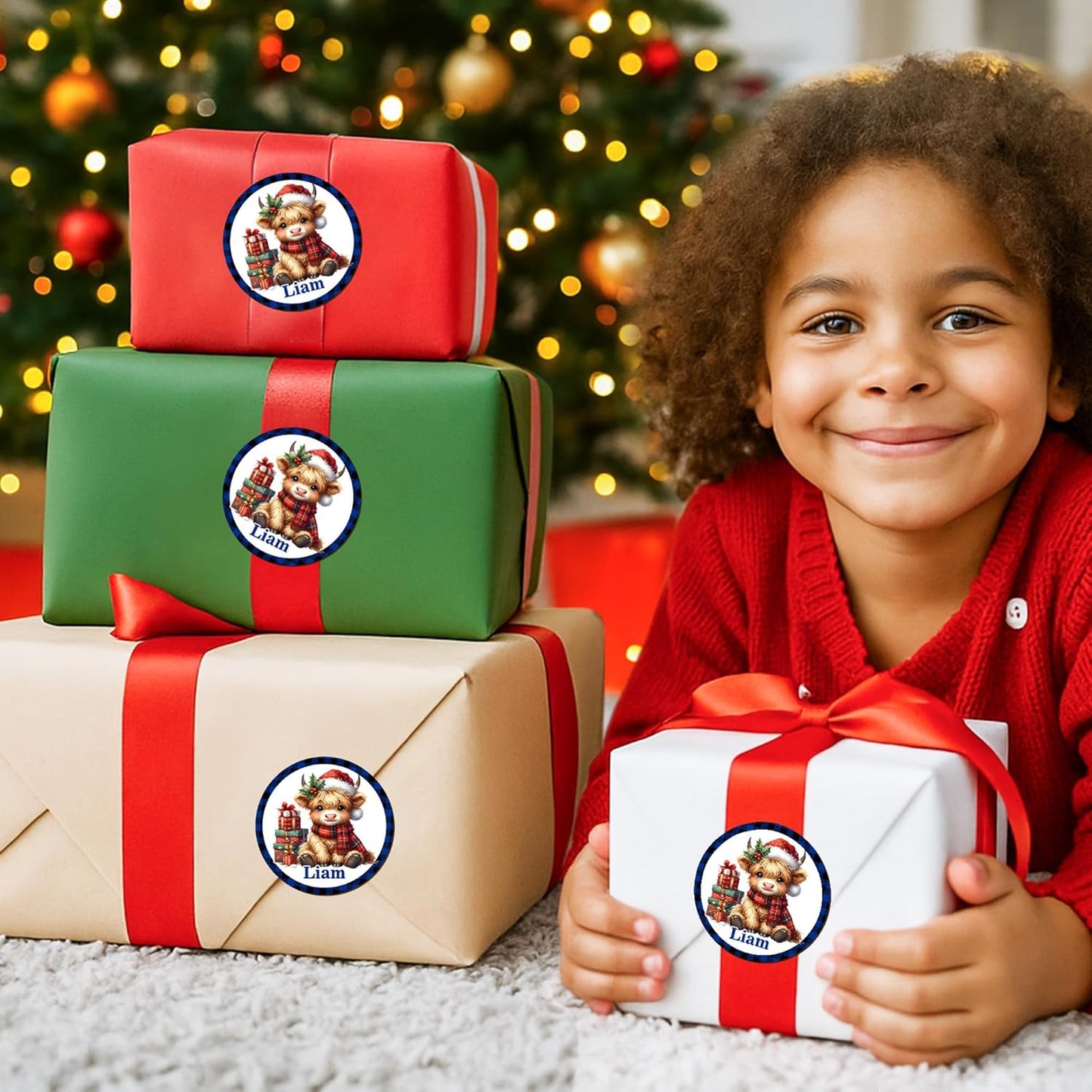 Personalized Christmas Stickers - Custom Name Waterproof Christmas Gift Tags for Gift Box Xmas Holiday Decorations Party Favors - 30 Stickers (Cow)