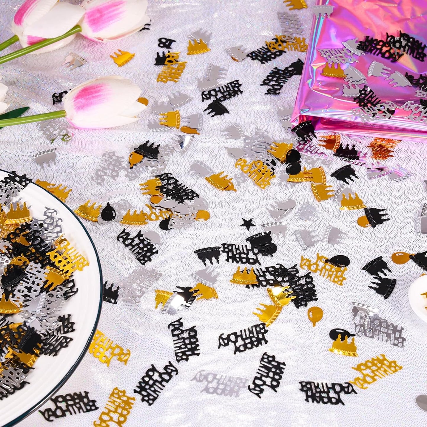 Gold and Black Happy Birthday Confetti, 3000 Pcs Birthday Cake Table Metallic Foil Confetti Party Table Decor for Party, Baby Shower, DIY Arts and Crafting