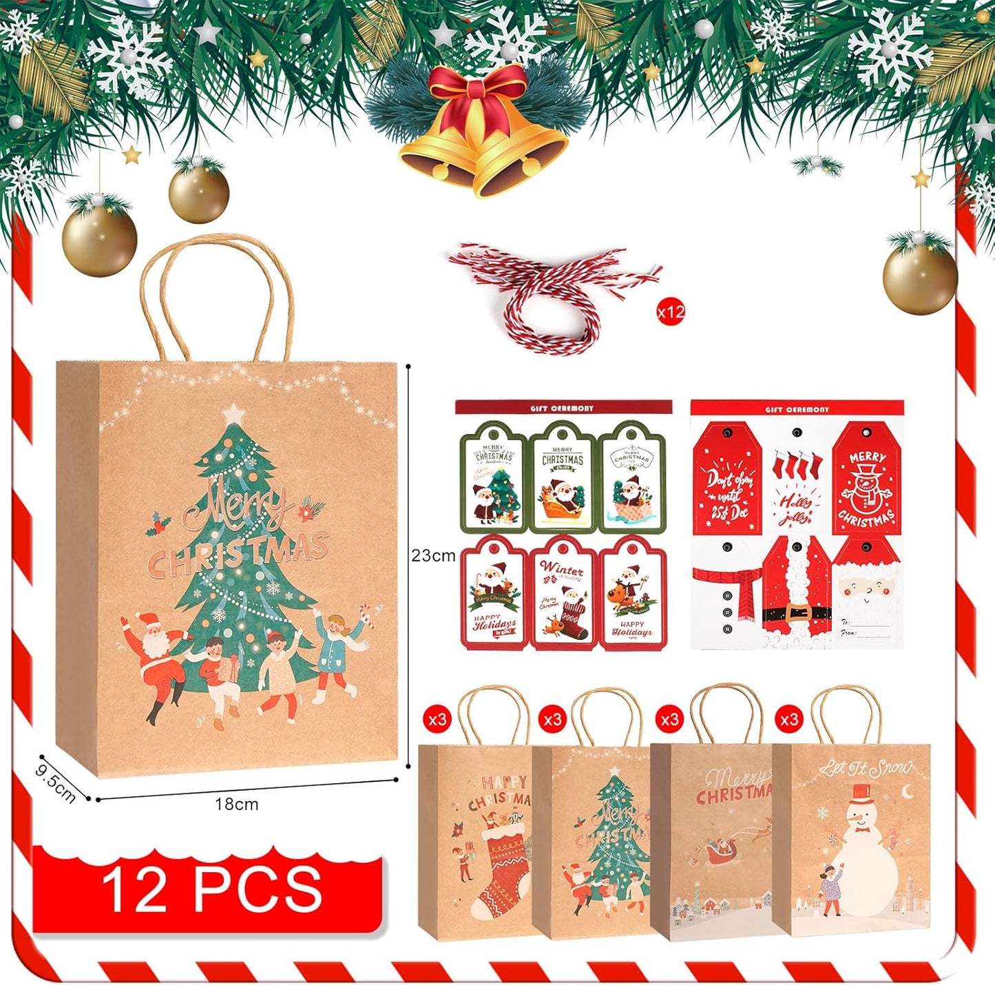 LYLIN 12Pcs Kraft Christmas Gift Bags with Handles, Small Xmas Treat Bags Reusable Gift Bags for Wrapping Gifts, Party Favors and Holiday Decor