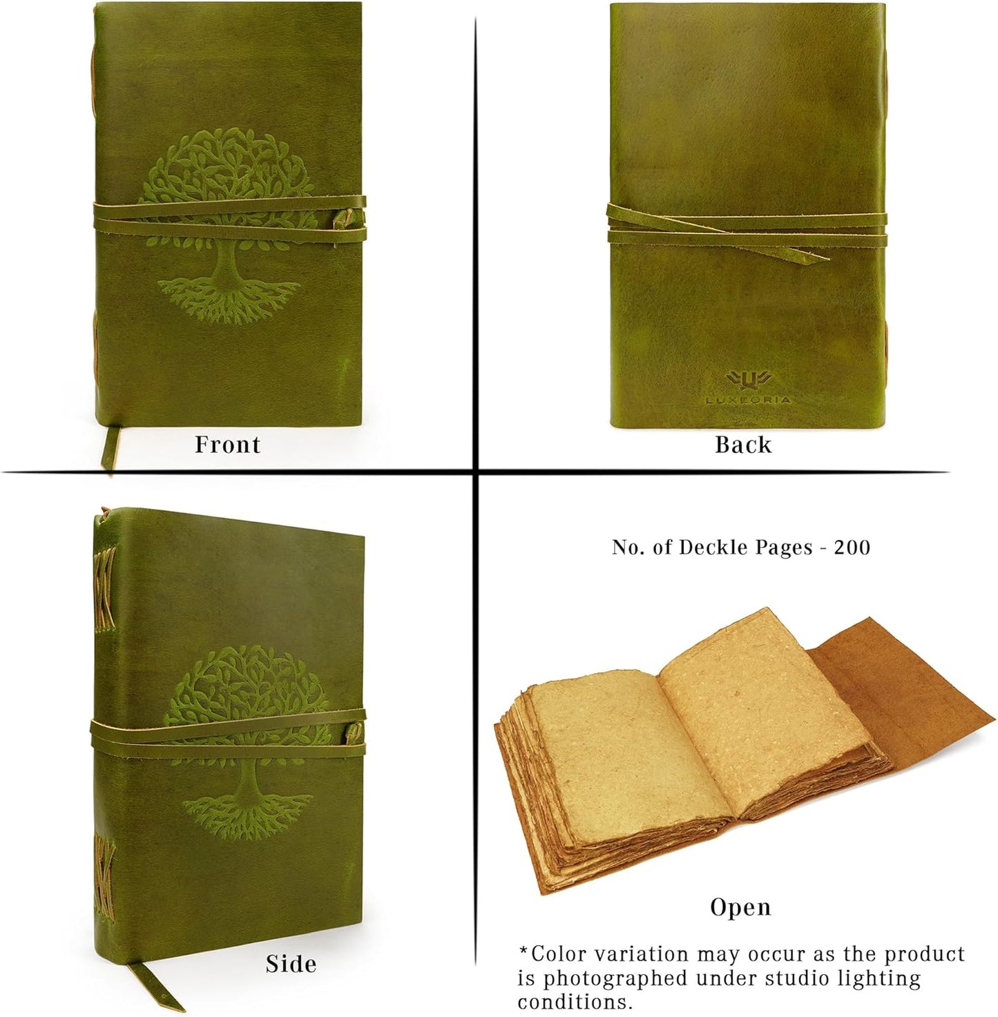 LUXEORIA Tree Of Life Leather Journal for Women and Men, Handcrafted Leather Journal for Writing Womens, Sketchbook, Travel Diary with Unlined Deckle Paper, Mint Green 8x13