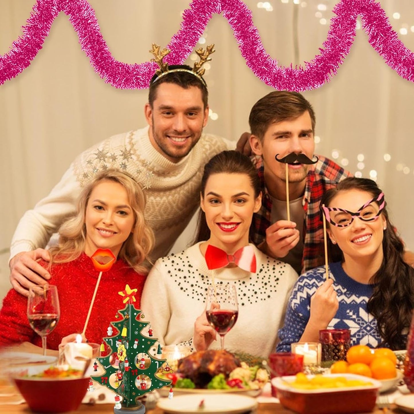 25 Feet Pink Christmas Tinsel Garland, Metallic Foil Twist Banner Wall Hanging Tinsel Streamers Backdrop for Parade Floats, Christmas, Mother's Day, Birthday Party Decorations(4in x 25ft)