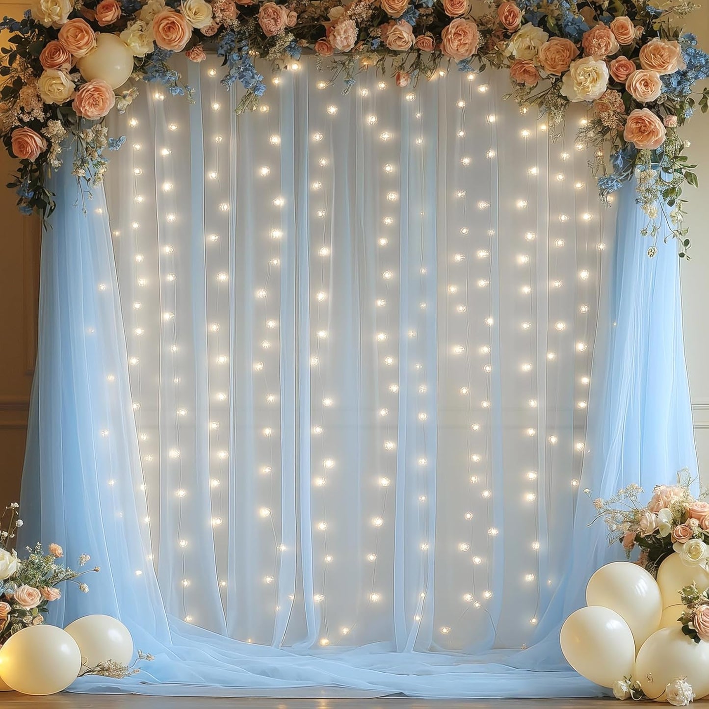 10×10ft Blue Tulle Backdrop Curtain with Lights String for Parties, Sheer Photo Curtain Backdrop Drapes for Wedding Party Photography Backgrounds