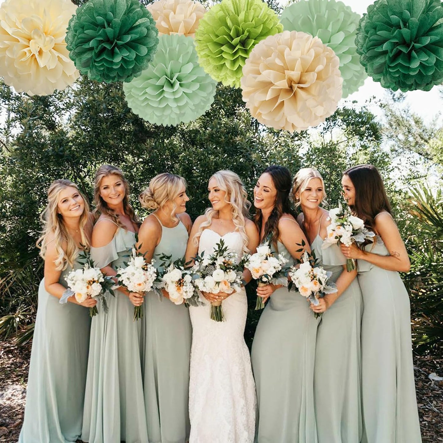 Sage-Olive Green Champagne-Gold Party Decorations - 30pcs Rustic Boho Wedding Paper Tissue Pom Poms Streamers,Tassel Garland Banner,Birthday Baby Bridal Shower Engagement Decor Lasting Surprise