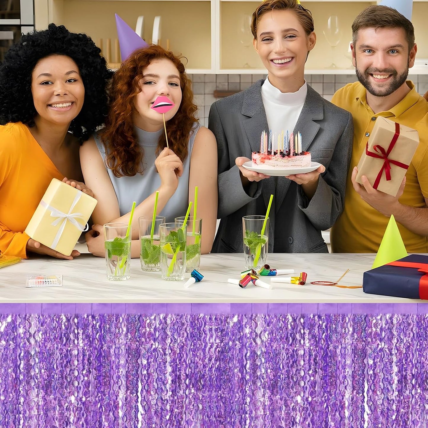 6 Pack 29x108 Inch Light Purple Wave Foil Fringe Table Skirts Metallic Banner for Tinsel Streamer Garland Backdrop for Parade Floats Mother's, Graduate, Mardi Gras, Birthday, Wedding Party Decorations