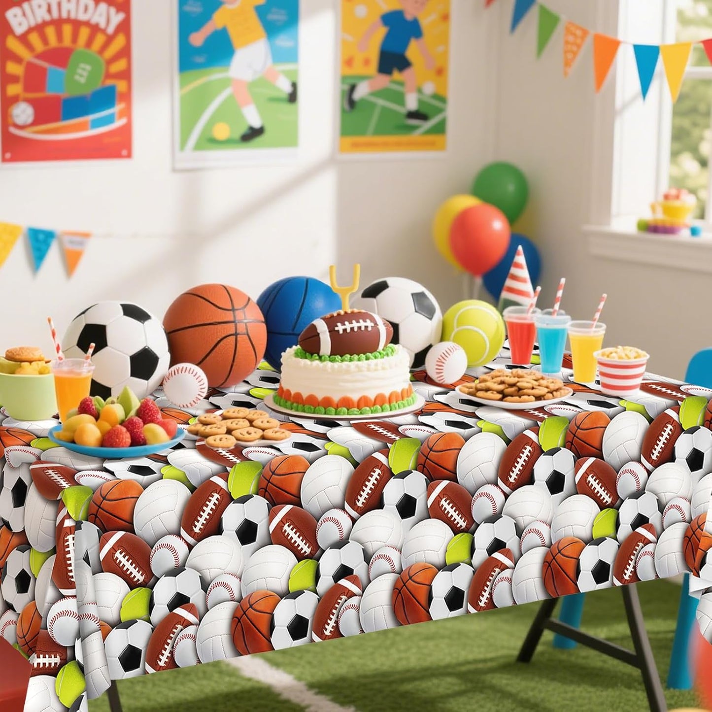 Gatherfun Sports-Themed Party Pack: 2-Pack Boys Birthday Decorations, Disposable Plastic Tablecloth for Sports Birthday Party Decorations,54 x 108 Inches