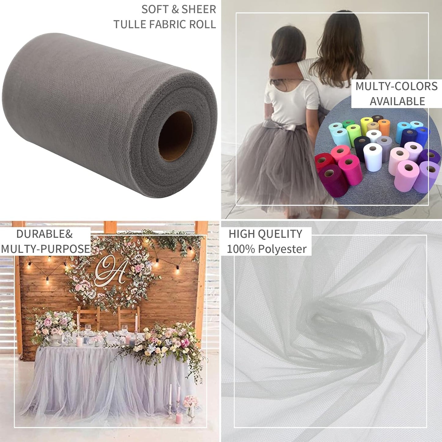 Silver Tulle Fabric Rolls 6 Inch by 100 Yards (300 feet) Fabric Spool Tulle Ribbon for DIY Silver Tutu Bow Baby Shower Birthday Party Wedding Christmas Decorations Craft Supplies