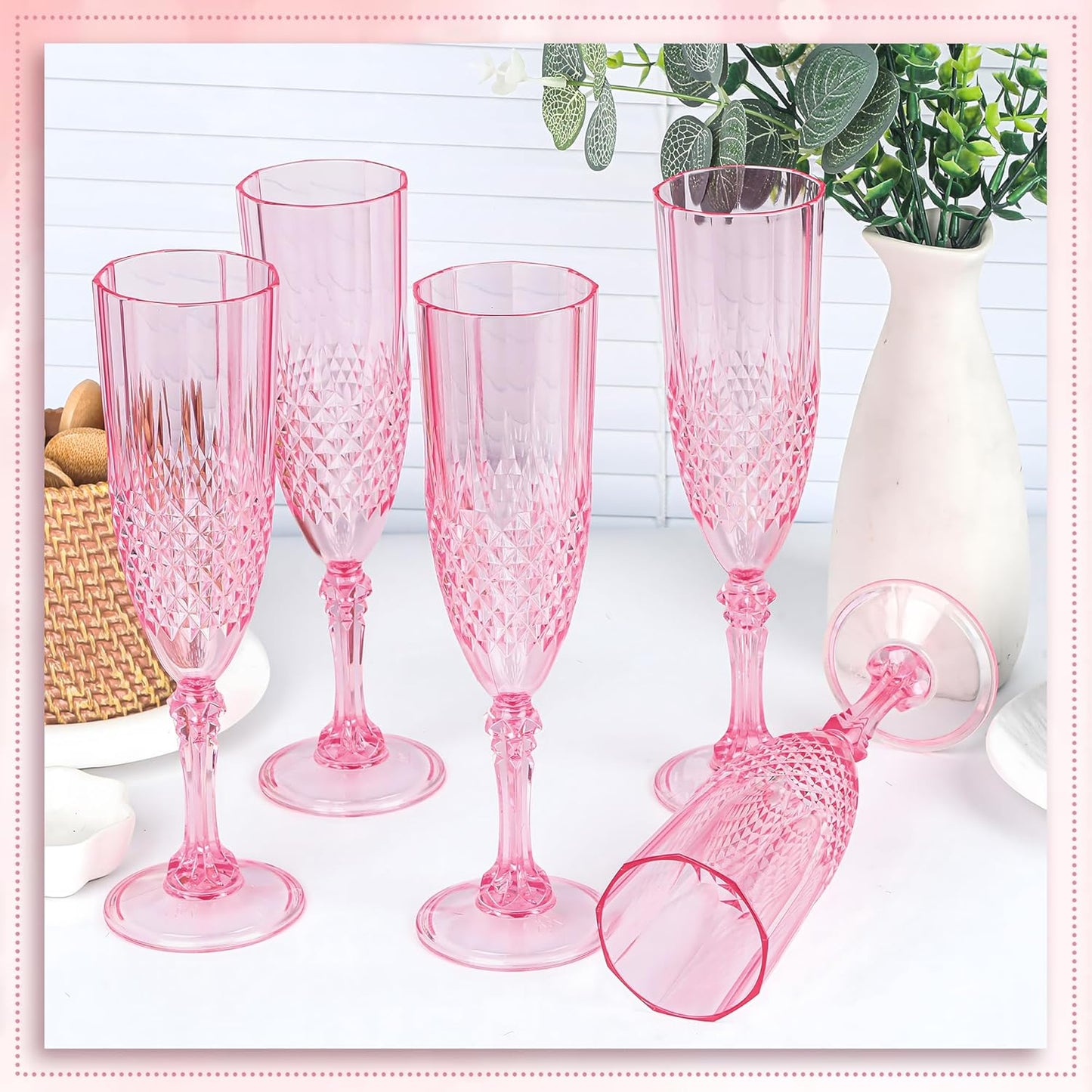 Plastic Champagne Flutes, 48PCS Pink Wine Glasses Goblets Cups Reusable Flute, for Weddings Bachelor Parties Toasting and Events (48, Pink)