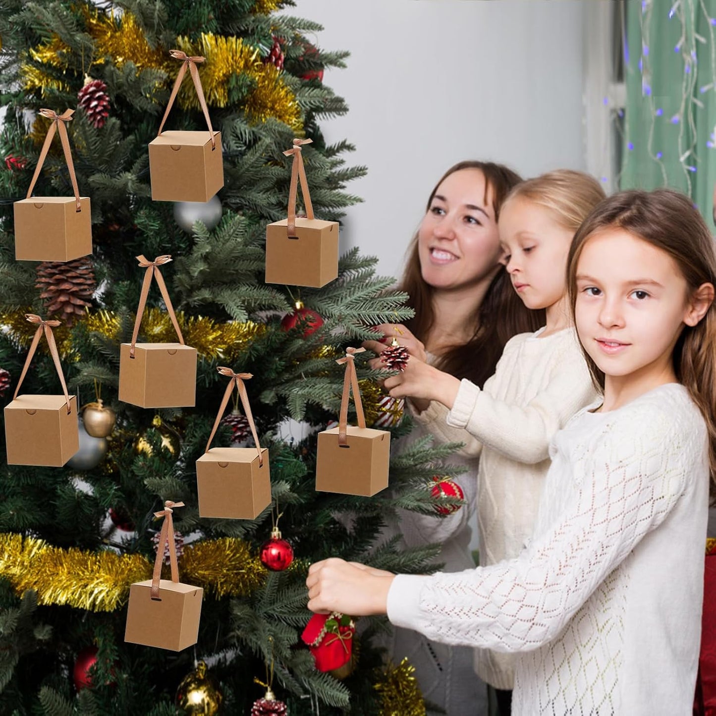 DOYIDE 60 Pcs Small Gift Boxes, 3x3x3 inches Kraft Paper Gift Box with Ribbons, Brown Candy Boxes for Christmas Wedding Favors Baby Shower Bridal Shower Birthday Party