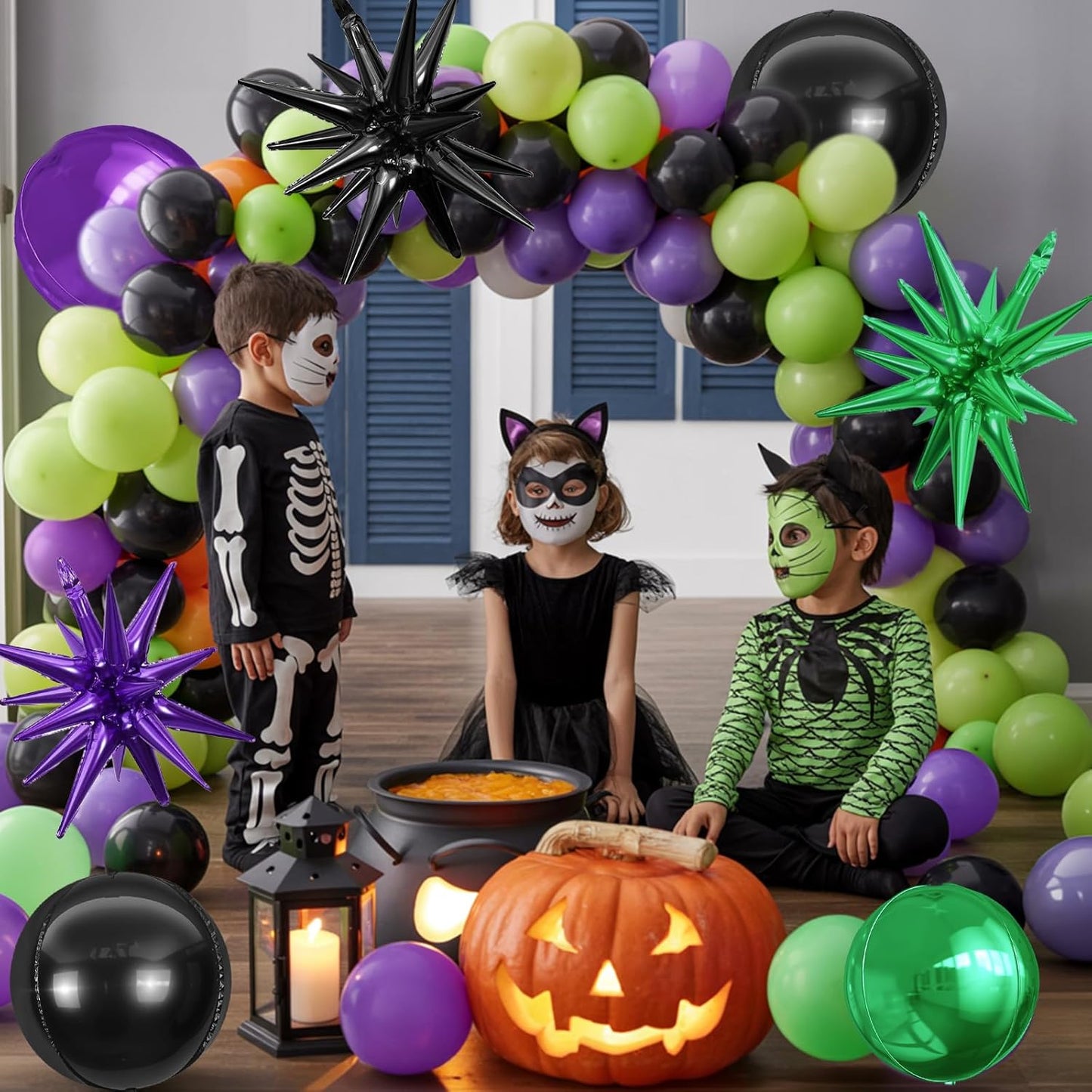 6Pcs Black Purple Green Foil Balloons,22Inch Black Green Purple 4D Round Ball Balloon and Explosion Star Balloon for Halloween Birthday Wedding Baby Shower Anniversary Party Decorations
