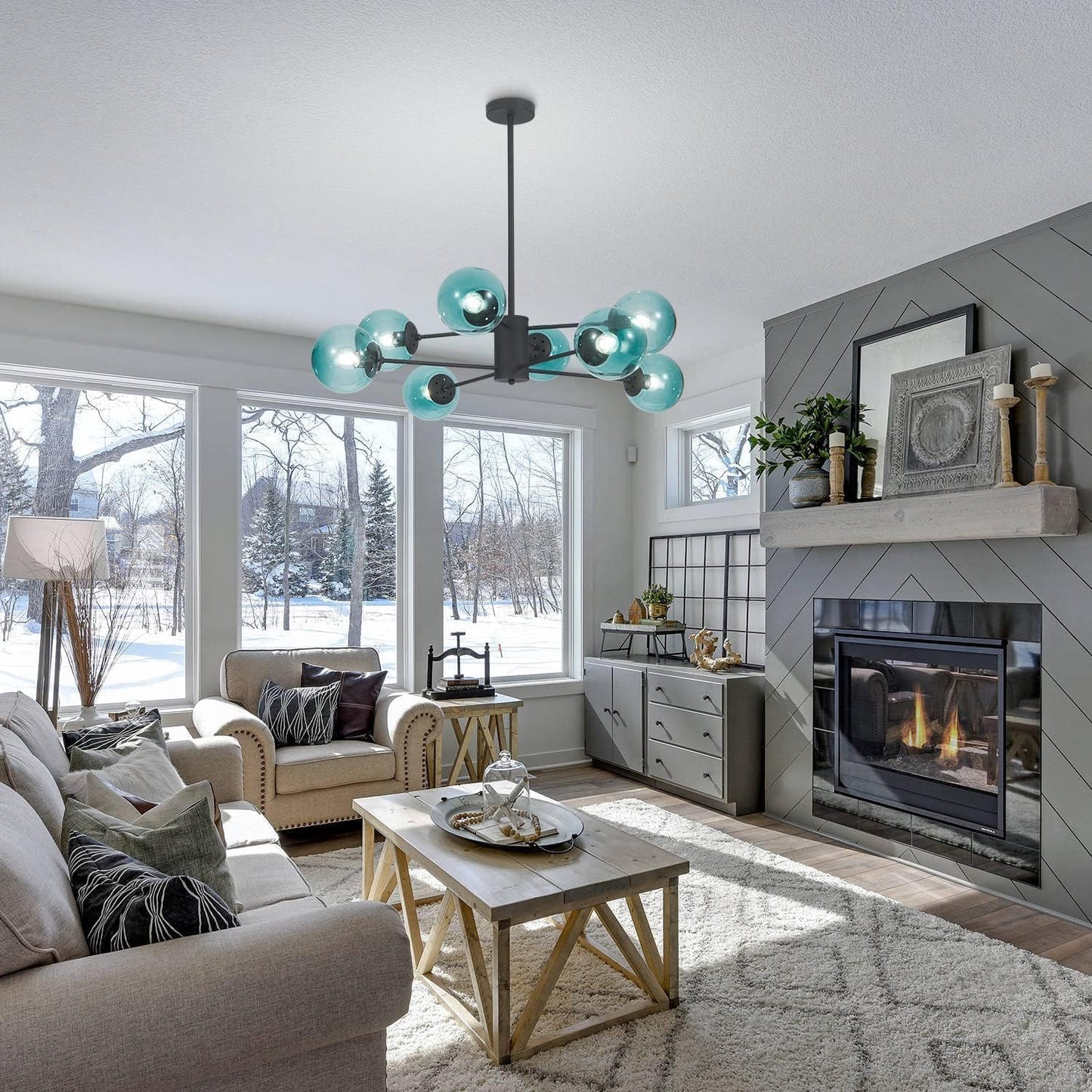 KCO Lighting Modern 8-Lights Blue Glass Sputnik Chandelier Mid-Century Matte Black Globe Flush Mount Chandelier Industrial Large Glass Ball Sputnik Chandelier Pendant Lamp (Black+Blue)