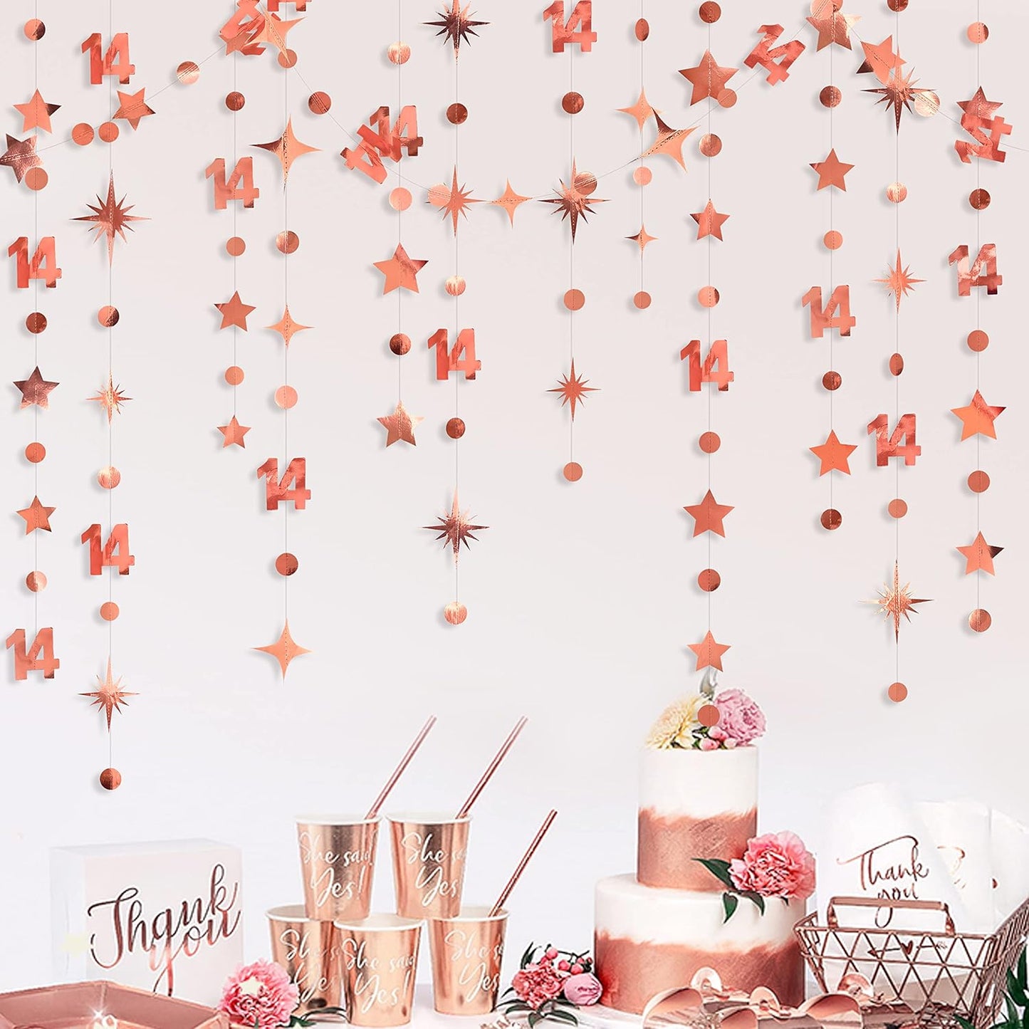 52Ft Rose Gold 14th Birthday Decorations Number 14 Circle Dot Star Garland Metallic Hanging Streamer Banner Backdrop for Girls Happy 14 Year Old Fabulous Birthday Fourteen Anniversary Party Supplies