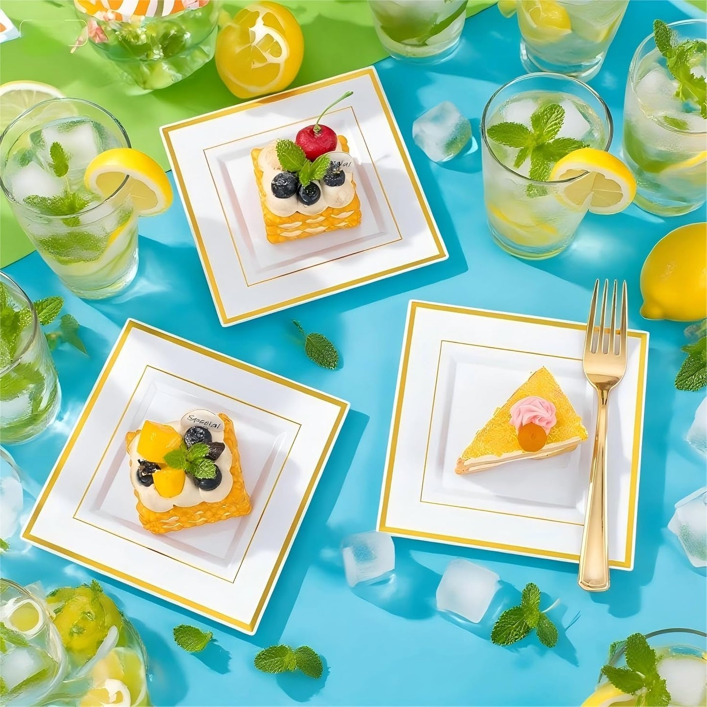 Festiva 350Pcs Gold Plastic Plates - Disposable Square Gold Plates Dinnerware set include 9.5"/6" Plates,Cups,Plastic Cutlery,Hand Napkins Perfect for 50 guests Party&Wedding&Birthday