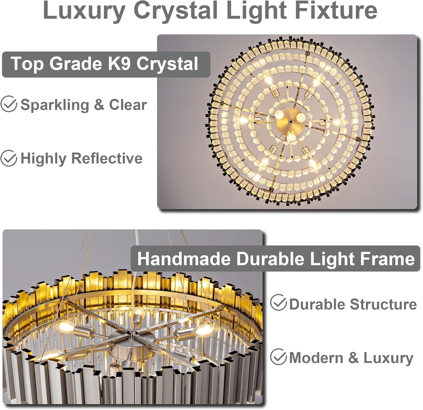 Modern Crystal Chandelier, 27.5" Silver Chandelier for Dining Room, 9-Light Luxury Round Chandeliers, 5-Tier Contemporary Light Fixture for Living Room, Bedroom, Foyer, Entryway