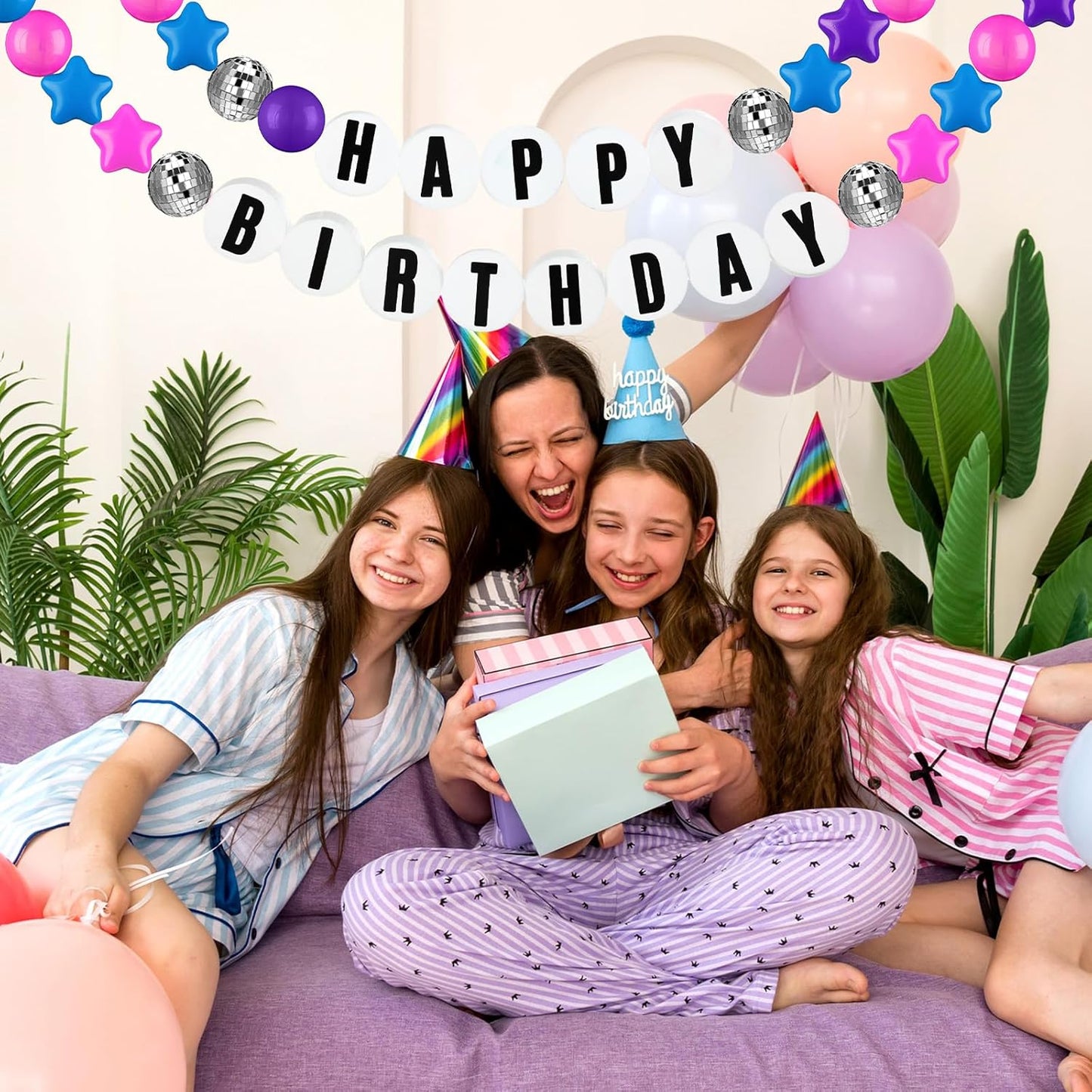 Giant Friendship Bracelet Garland Kit, DIY Birthday Banner with Letters Ball Jumbo Customizable Friendship Bracelet Decor for Halloween Christmas Wedding Party(Blue, Pink, Purple)