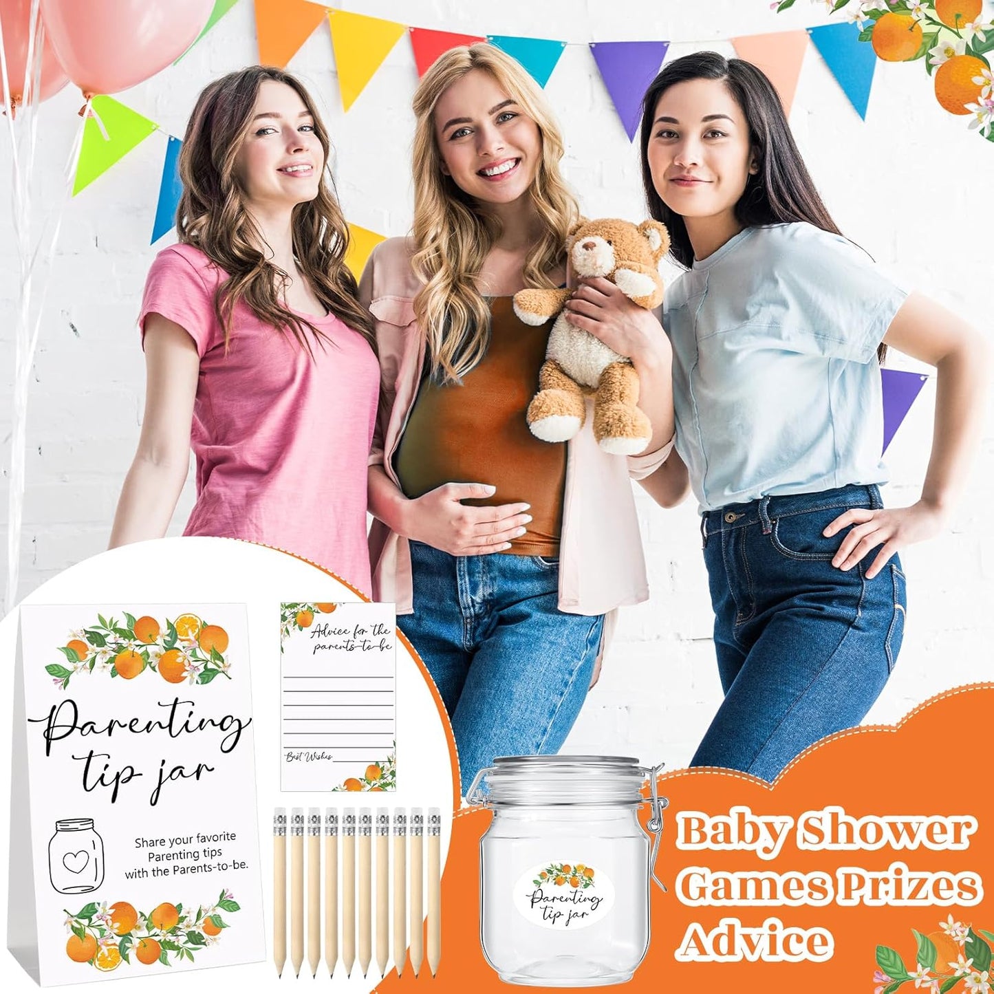 Roowest Baby Shower to Baby Advice Cards for New Parents to Be - Tip Jar Sign for New Parents 60 Parenting Advice Cards 10 HB Pencils 2 Cute Stickers 1 Pet Bottle for Guests Games(Little Cutie)