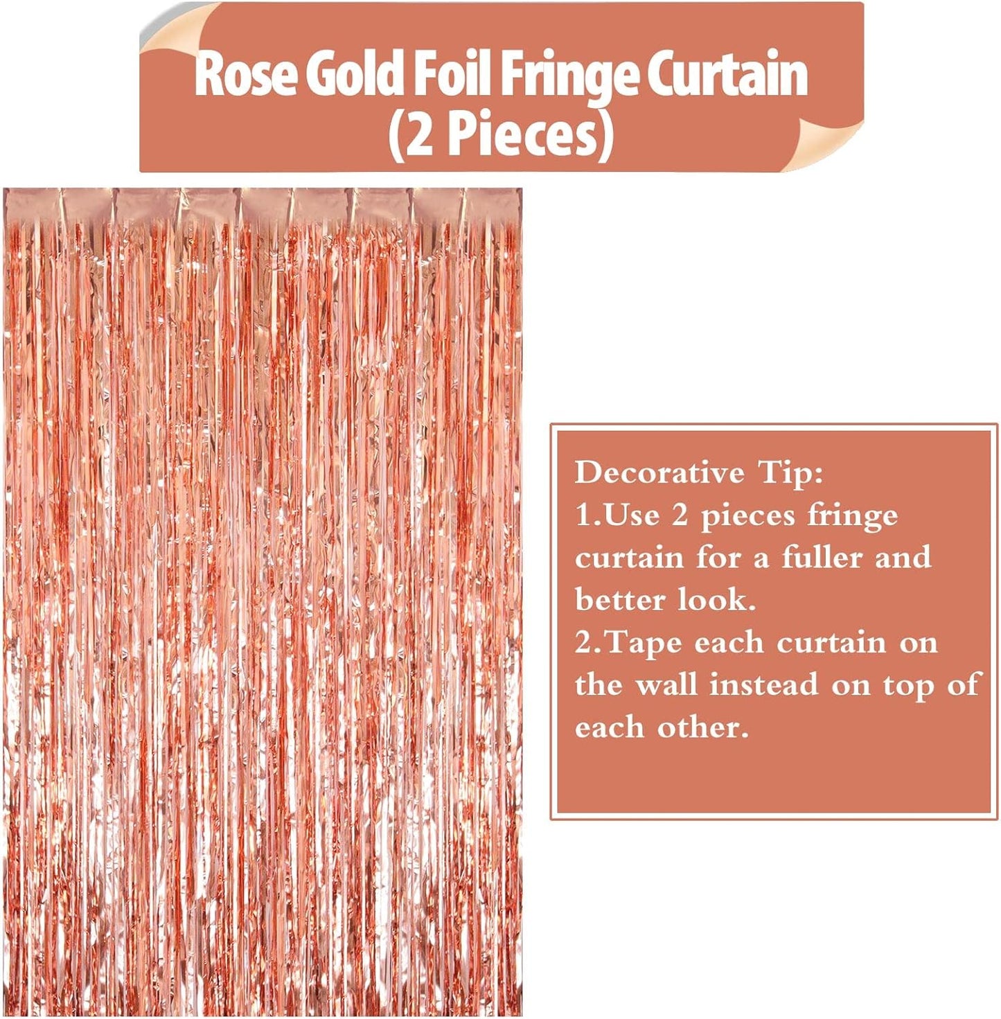 2 Pack Rose Gold Fringe Curtains Foil Shiny Fringe Backdrop Tinsel Door Streamers Foil Curtains for Birthday Wedding Engagement Bridal Shower Celebration Party Decorations Large