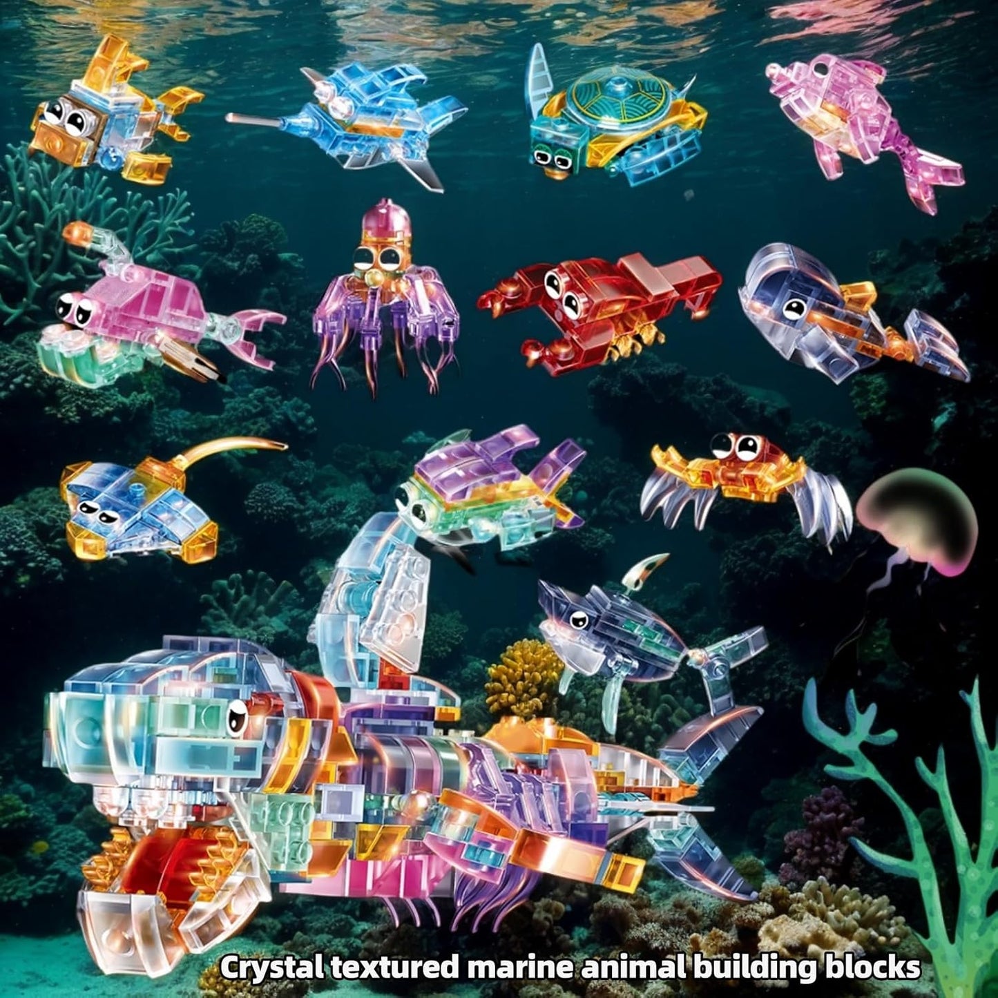 12 Pack Crystal Ocean Animal Party Favors for Kids 12 in 1 Mini Marine Animals Building Blocks Toys,Bulk Classroom Prizes Goodie Bag Fillers Christmas Easter Birthday Gift for Boys Girls Ages 6+