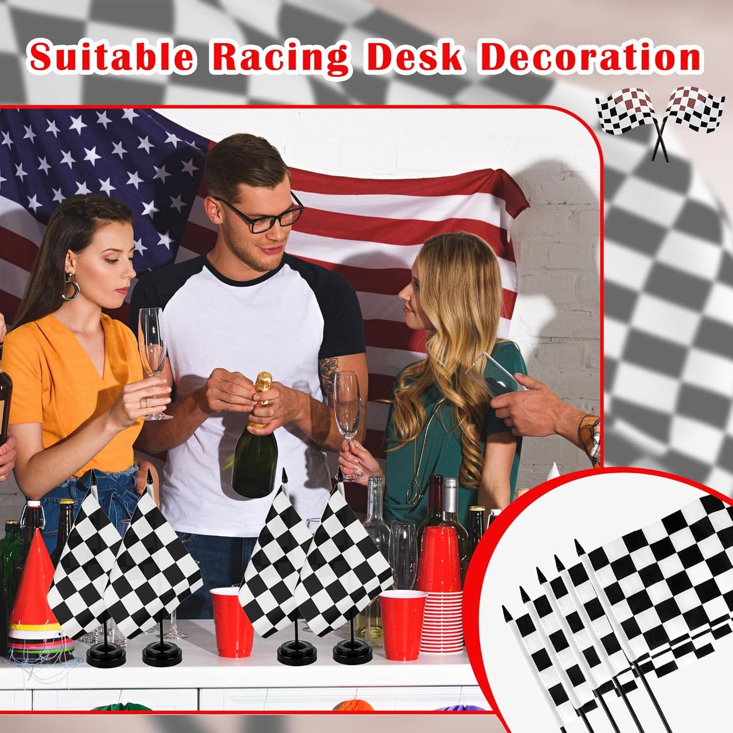 28 Pcs Black and White Checkered Racing Stick Flag Mini Race Car Office Table Desk Flags with Stand Base for Race Car Office Home Decorations and Party Celebrations