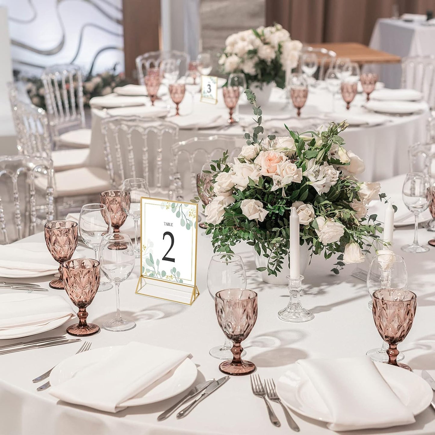 16 Pieces Gold Rimmed Clear Acrylic Table Sign Holders, Double Sided Frame with Gold Border and Vertical Stand for Wedding Table Number, Restaurant Sign, Photo Display, Menu Holder (5 x 7 Inch)