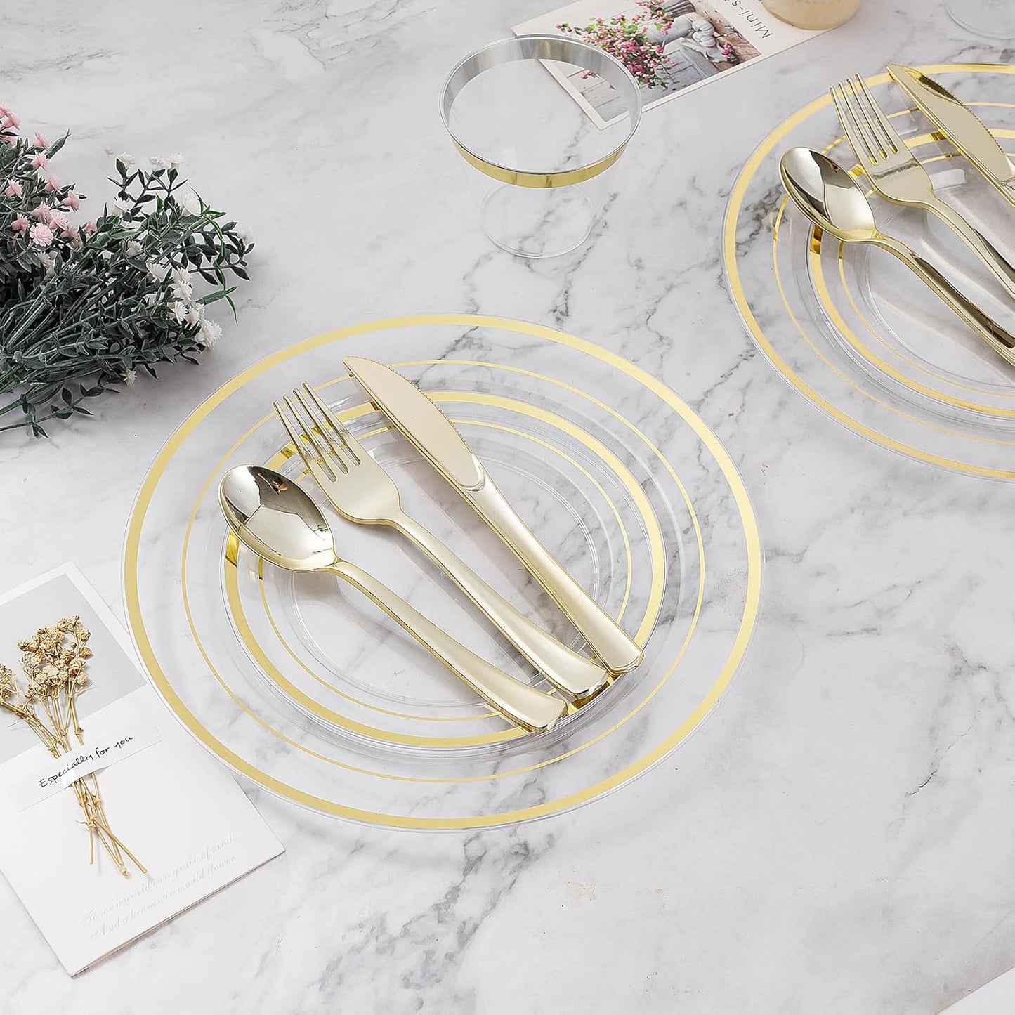 BESTVIP 300PCS Plastic Dinnerware Set (50 Guests), Clear Gold Disposable Plates for Party, Wedding, Christmas, Anniversary, Includes: Dinner Plates, Dessert Plates, Cups, Spoons, Forks and Knives