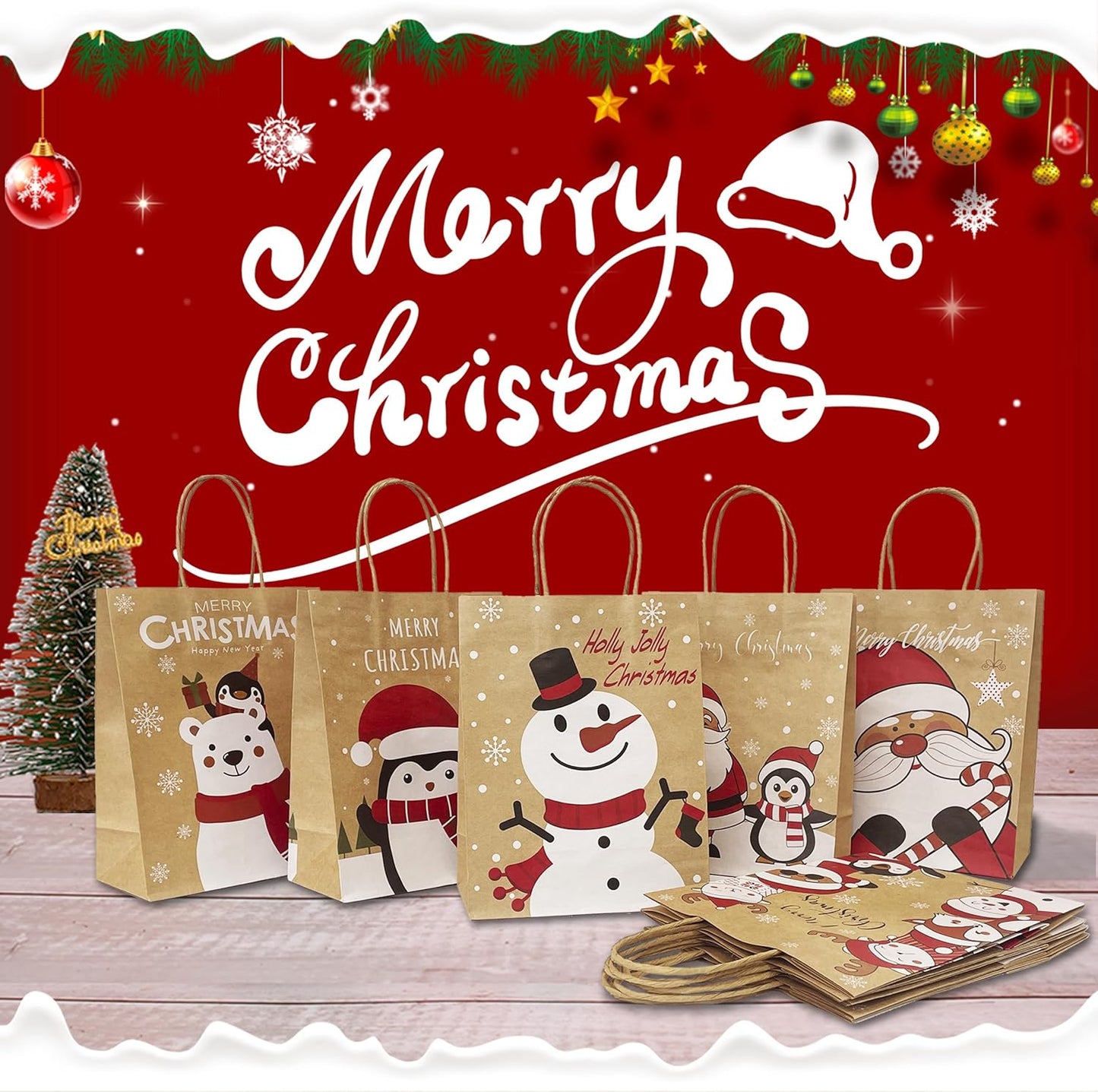 HSMOK 24PCS Christmas Gift Bags with Handles – 6 Festive Designs Medium Holiday Kraft Paper Bags for Kids, Adults, Party Favor, Treat, Goodie, Shopping, Xmas Decorations, 7.08x3.5x8.86 Inch