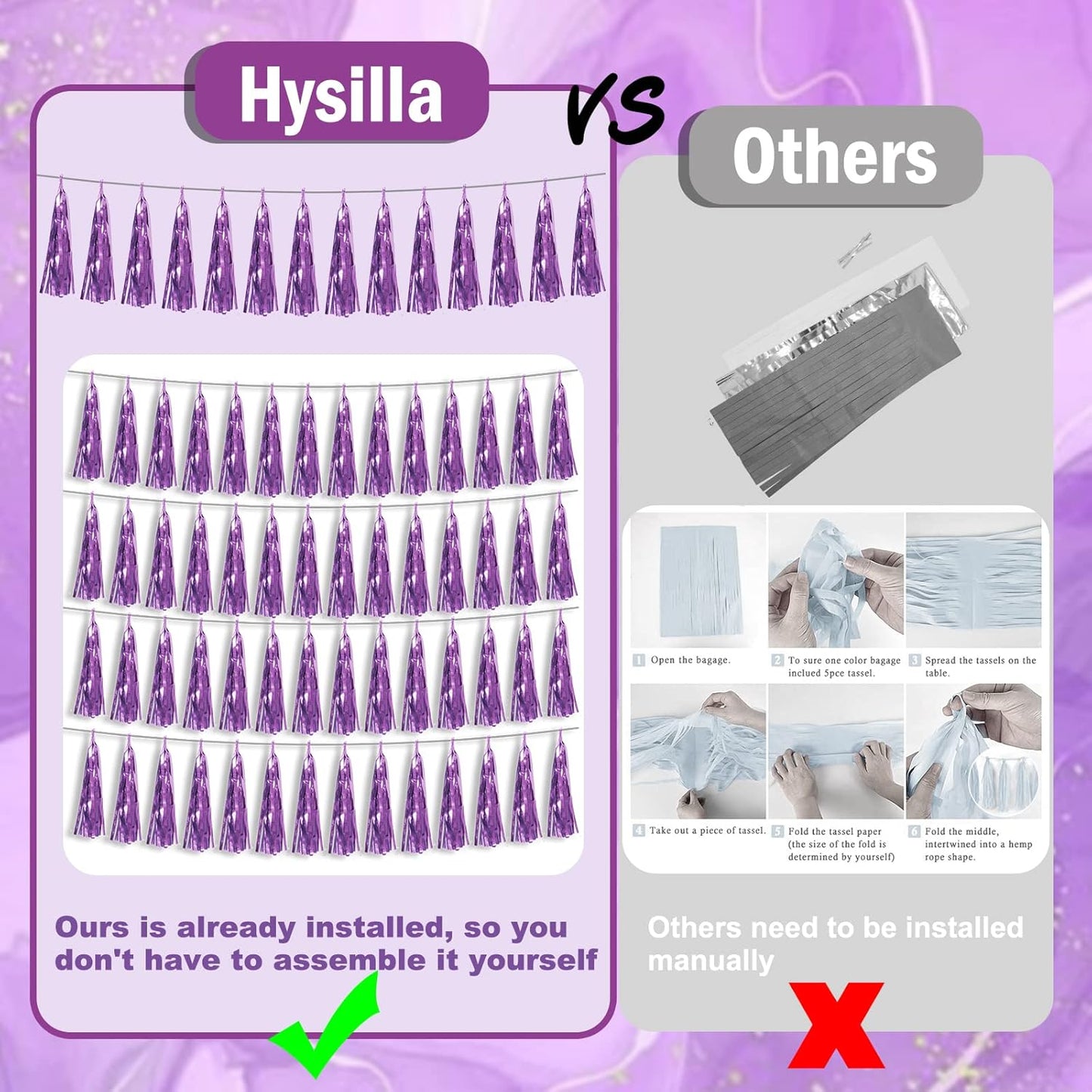 4P Light Purple Foil Fringe Metallic Streamers Banner Tassel Garland for Parade Floats, Bachelorette, Wedding, Birthday, Halloween, Christmas, Bridal/Baby Shower Party Decorations