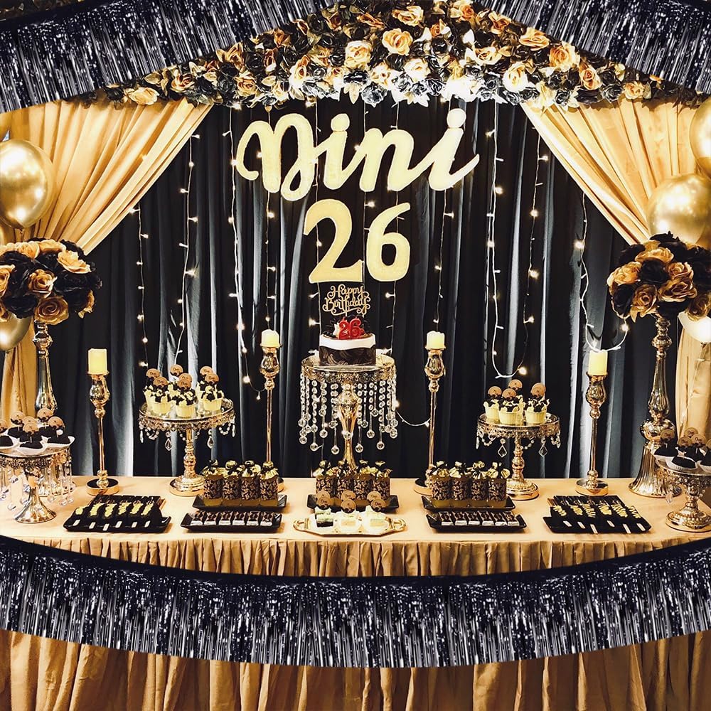 BEISHIDA 3 Packs Metallic Foil Fringe Garland Black Wall Hanging Tinsel Fringe Banners for Car Floats Halloween Bridal Shower Wedding Birthday Easter Graduation Holiday Party Decoration(30 Feet)