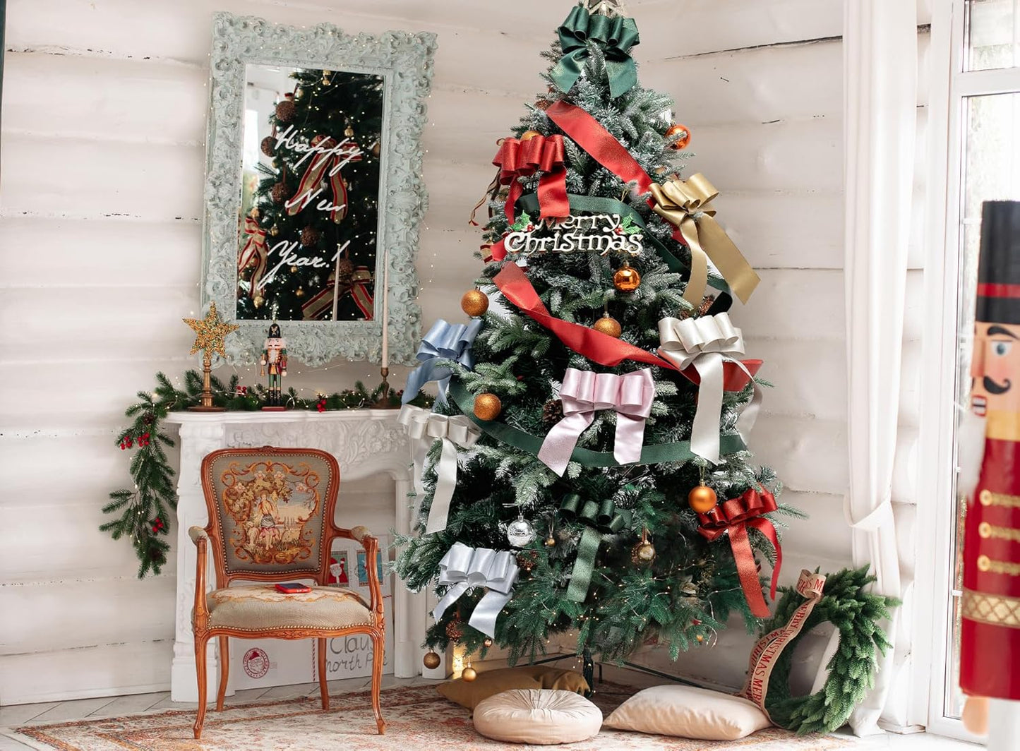 Light Blue Satin Wired Ribbon 1-1/2 Inch Double-Faced Sliver Glitter Christmas Ribbons for Wreath, Tree Decoration, Gift Wrapping, Home Decor 10 Yards