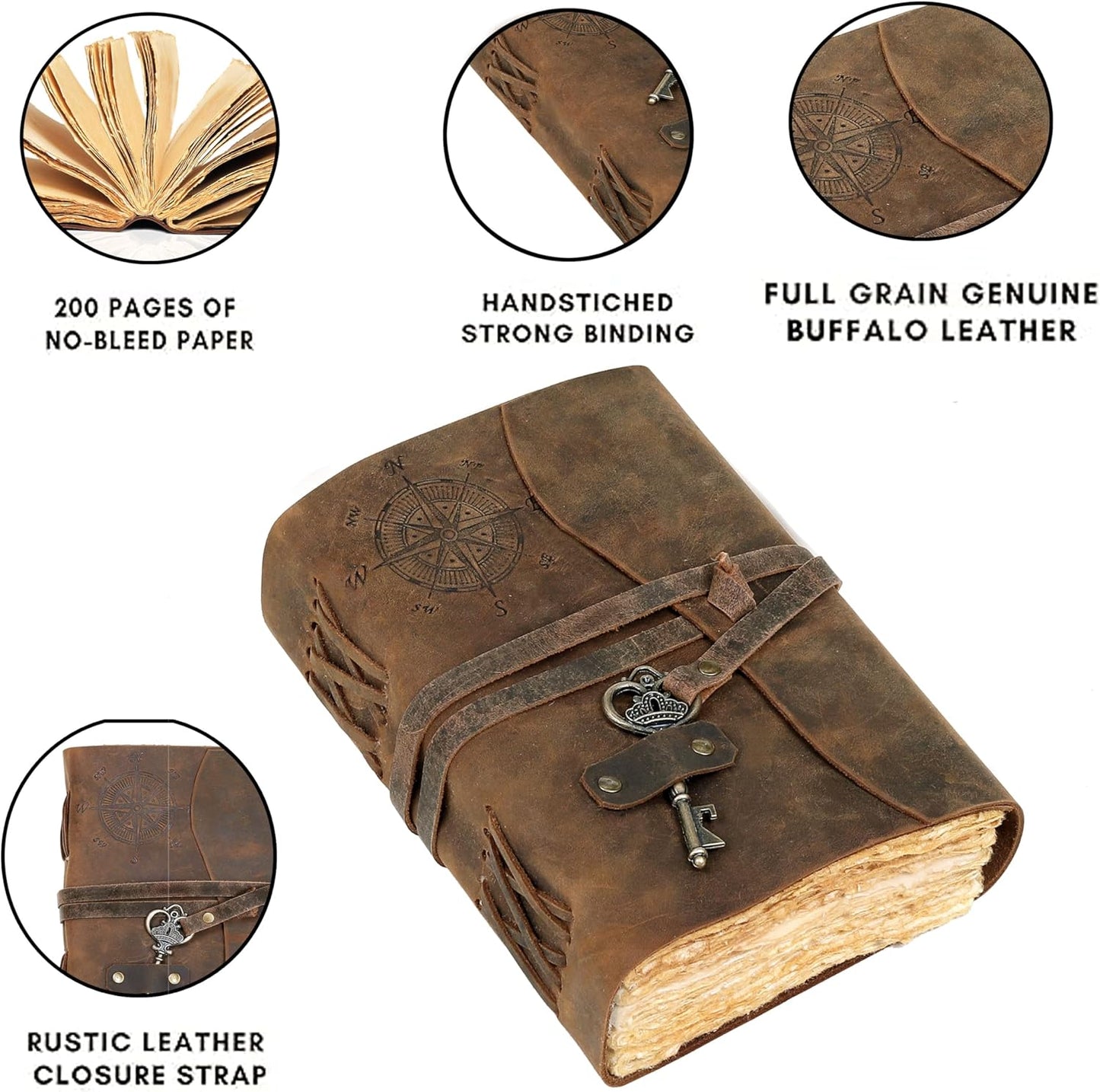 cuero C Compass Vintage Leather Journal - Antique Handmade Leather Bound journal with deckle edge paper Diary - Leather Sketchbook - Drawing Journal Notebook - Great Gift Men And Women (5X7 Inch)