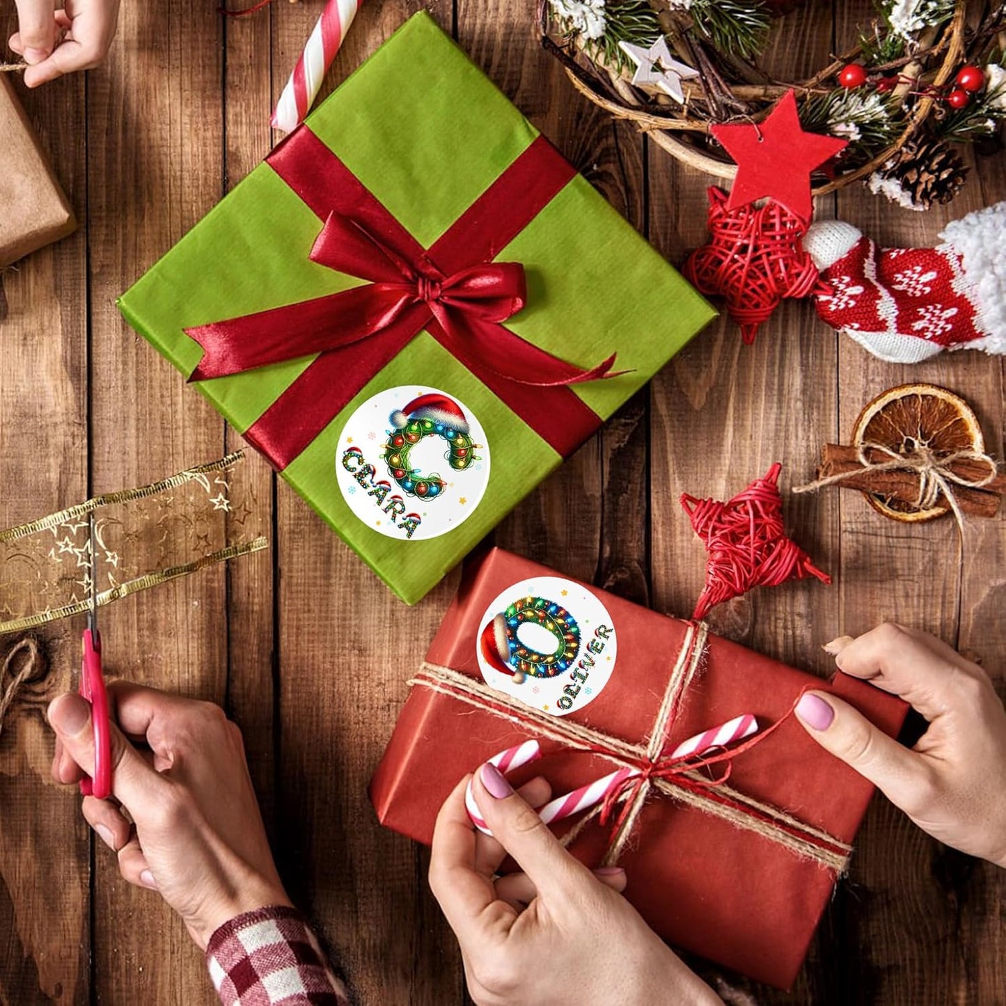 Personalized Christmas Stickers - Custom Name Waterproof Christmas Gift Tags for Gift Box Xmas Holiday Decorations Party Favors - 30 Stickers (Santa Hat Initial)