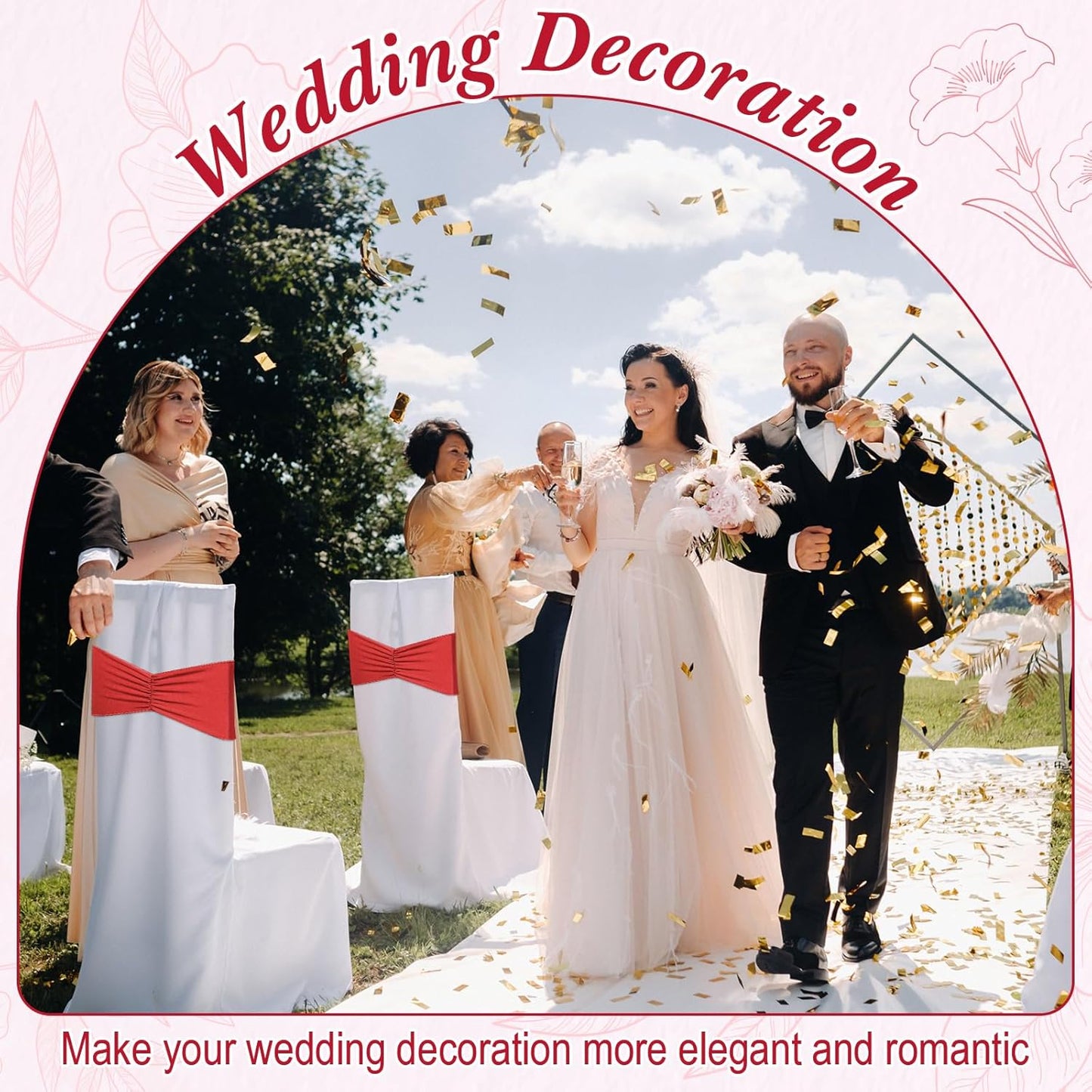 Moukeren 100 Pcs Spandex Chair Sashes Bows Bands Slider Sashes for Chair Covers Elastic Bands Ties Ribbon Decorations for Wedding Party Events Ceremony Birthday Banquet(Red)