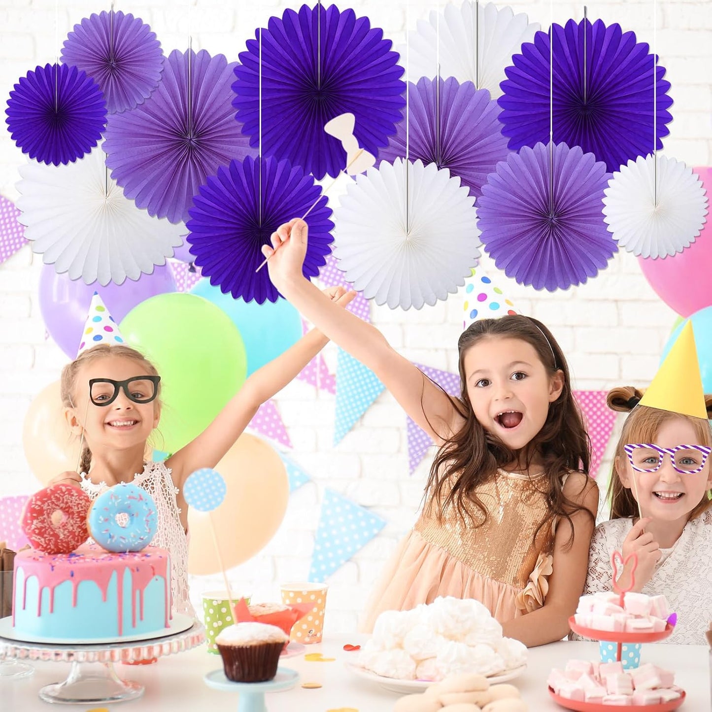 24 Pcs Purple and White Paper Fans Purple Party Decorations Classroom Decor Wall Background Ceiling Hanging Decoration for Birthday Wedding Baby Bridal Shower Engagement Party Decor