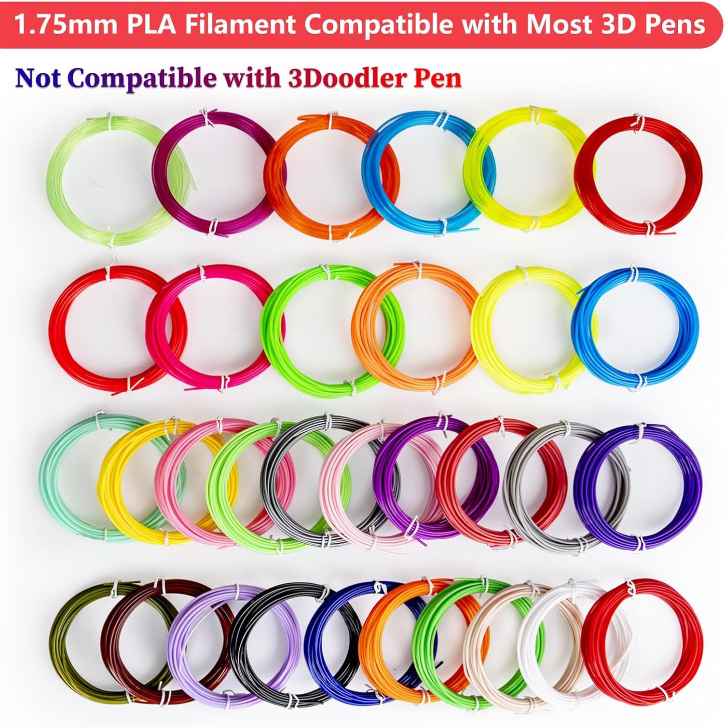 32 Colors 3D Pen Filament 1.75mm PLA, Each Color 20 Feet, Total 640 Feet 3D Pen Filament Refills 3D Printing Pen Refills with High-Precision Diameter Not Compatible with 3Doodler Pen